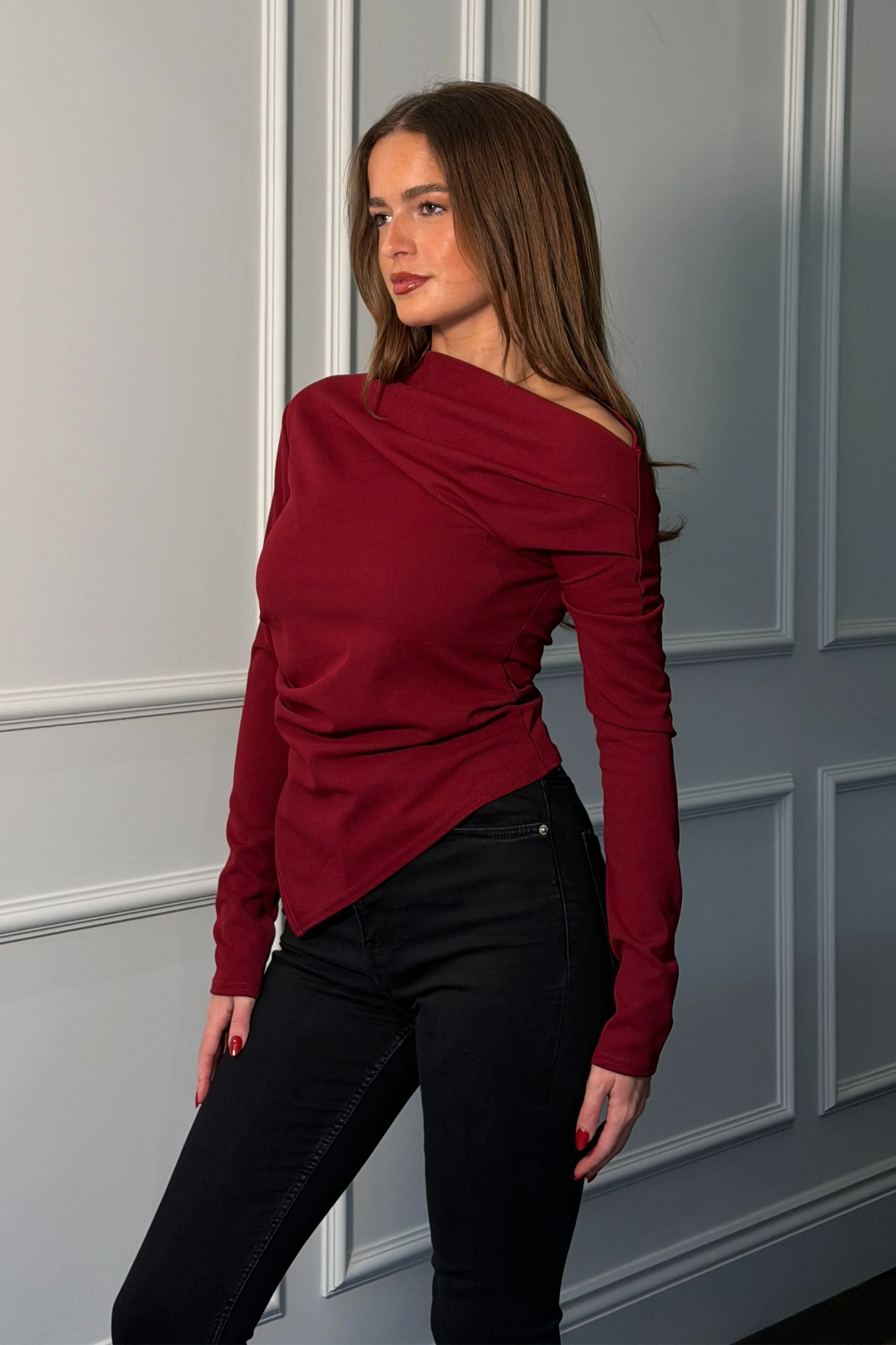 Lowen Asymmetric Neckline Long Sleeve Top Wine - Image 3