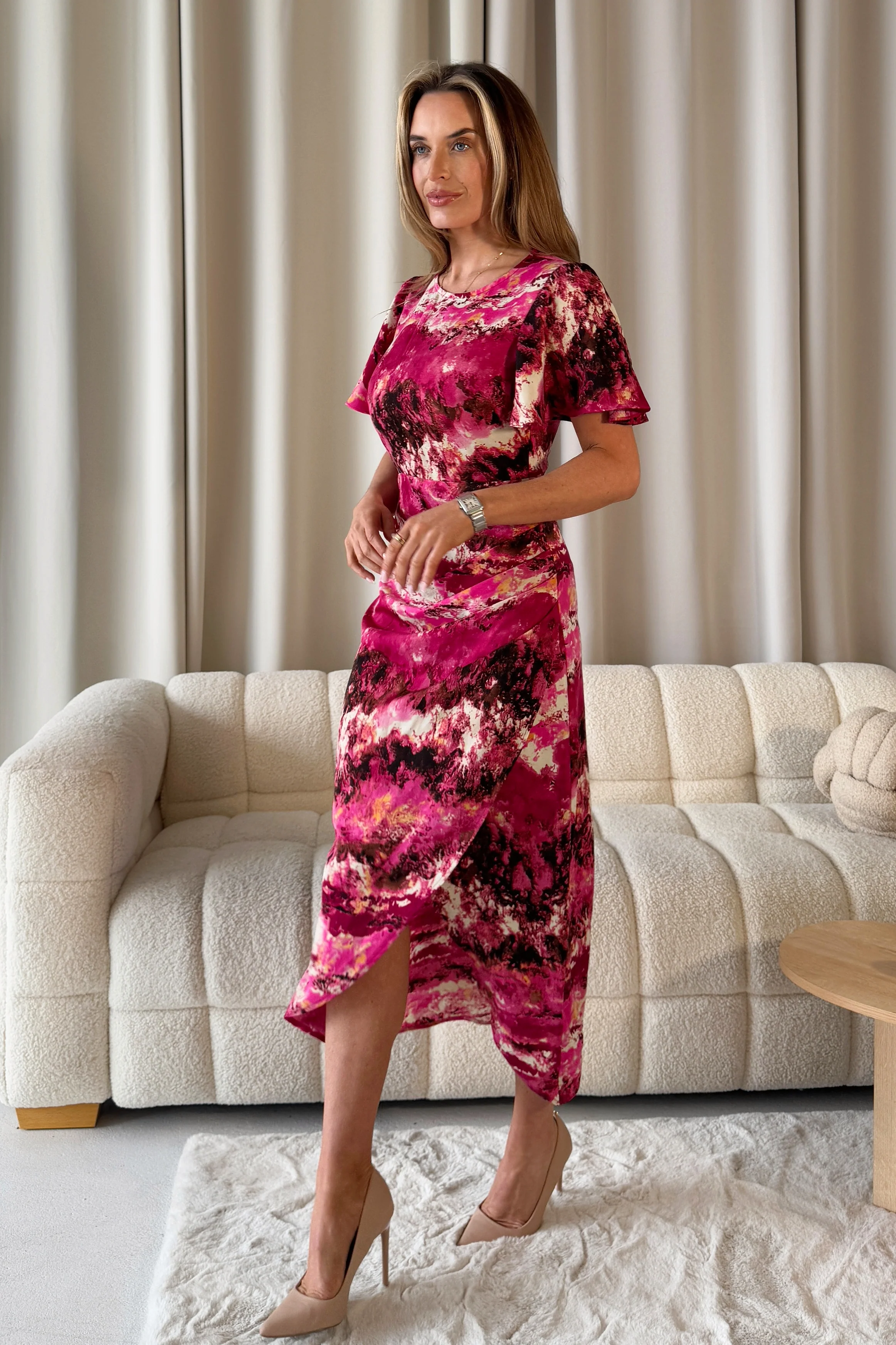Lucia Wrap Pink Marble Print Midi Dress - Image 3