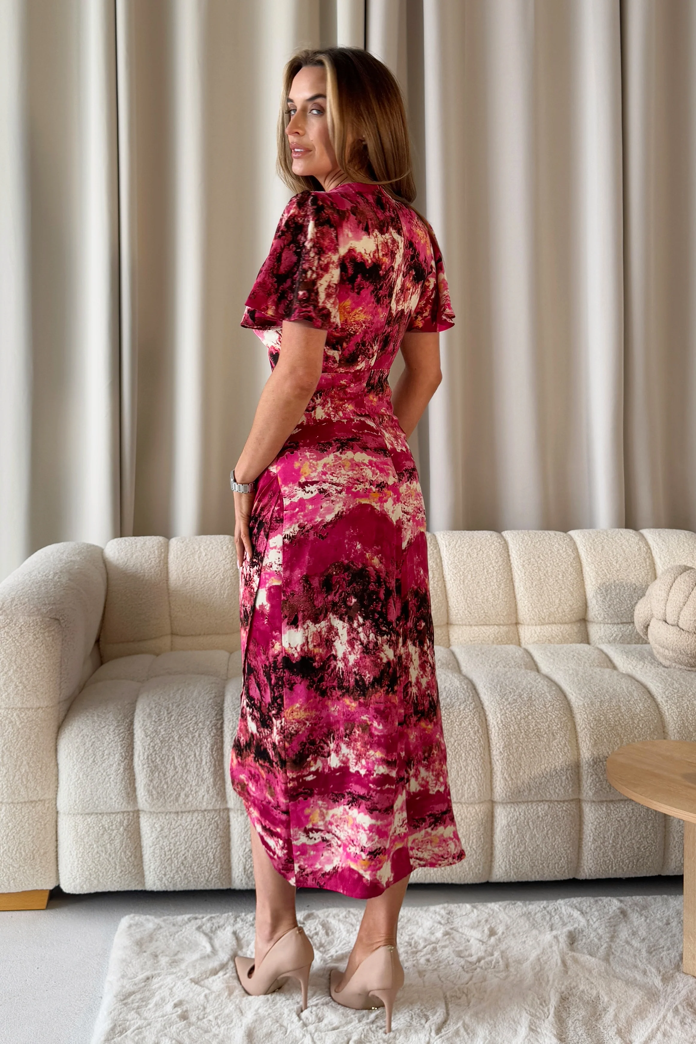 Lucia Wrap Pink Marble Print Midi Dress - Image 5