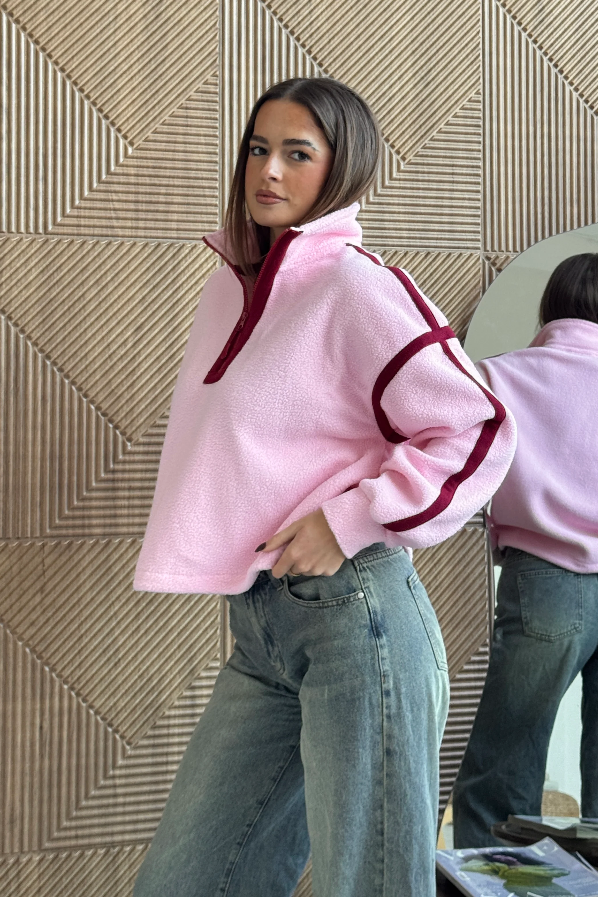 Lulu Contrast Binding 1/4  Zip Fleece Pink - Image 6