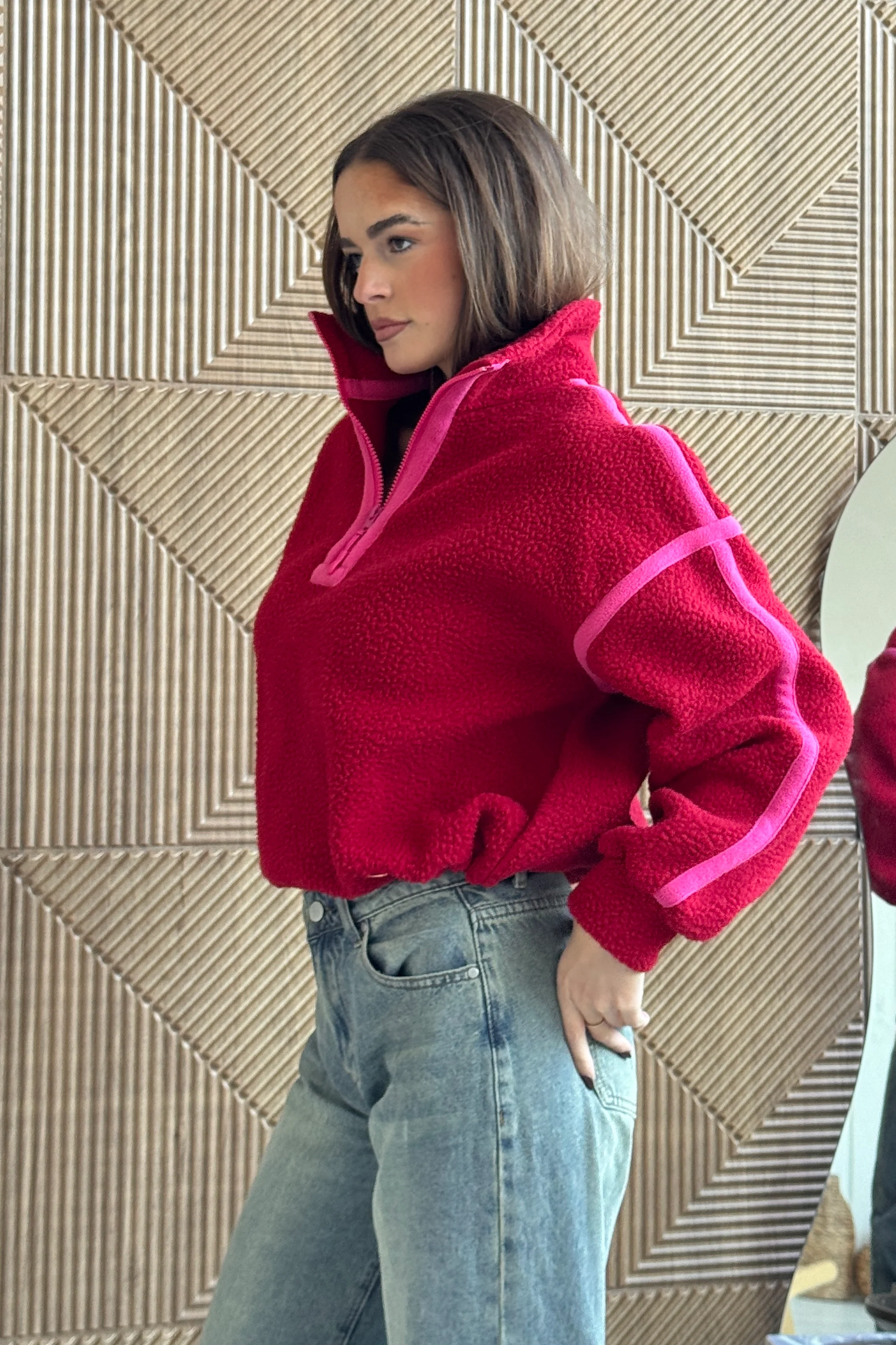 Lulu Contrast Binding 1/4  Zip Fleece Red - Image 6