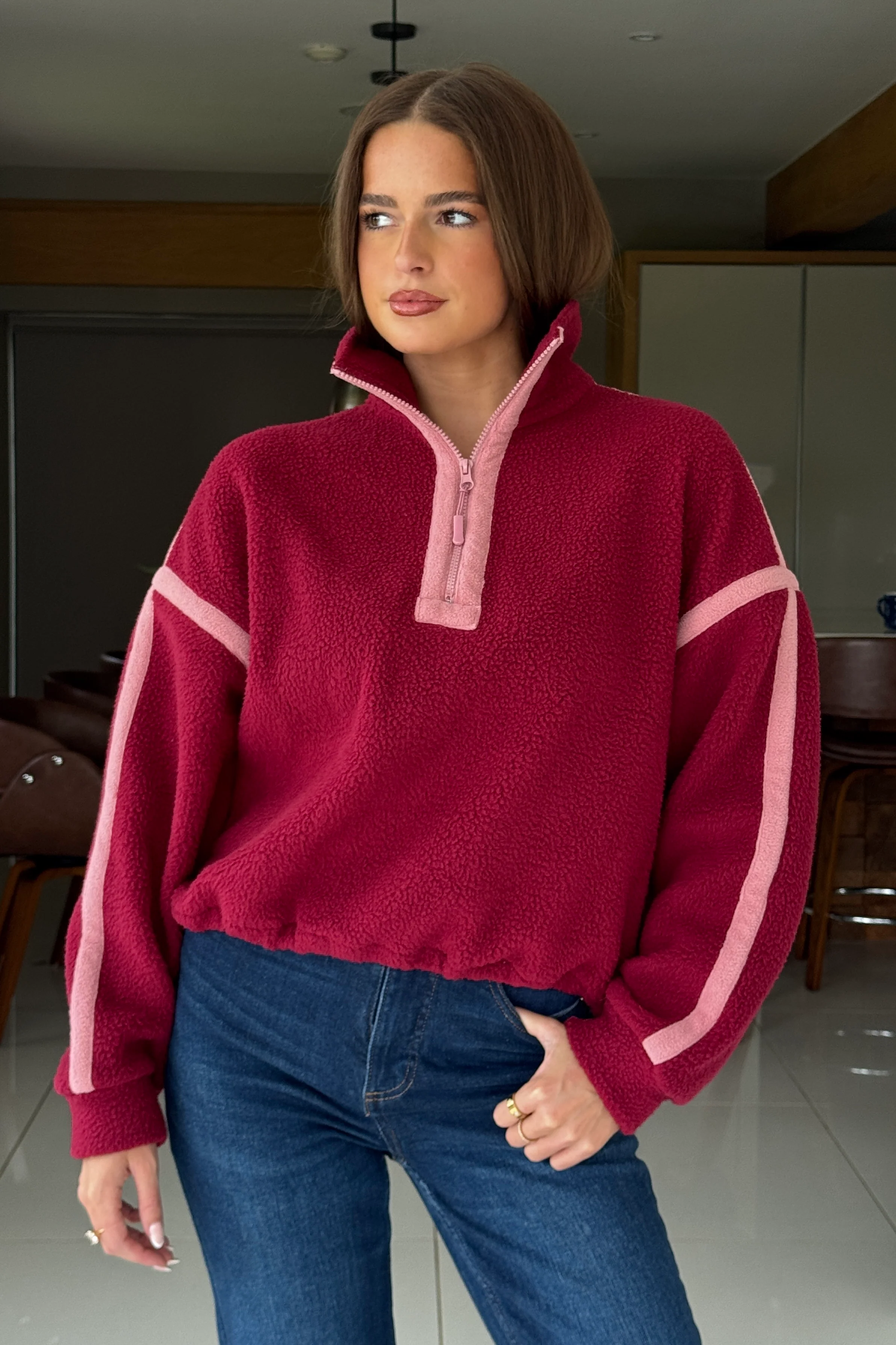 Lulu Contrast Binding 1/4 Zip Fleece Berry - Image 3