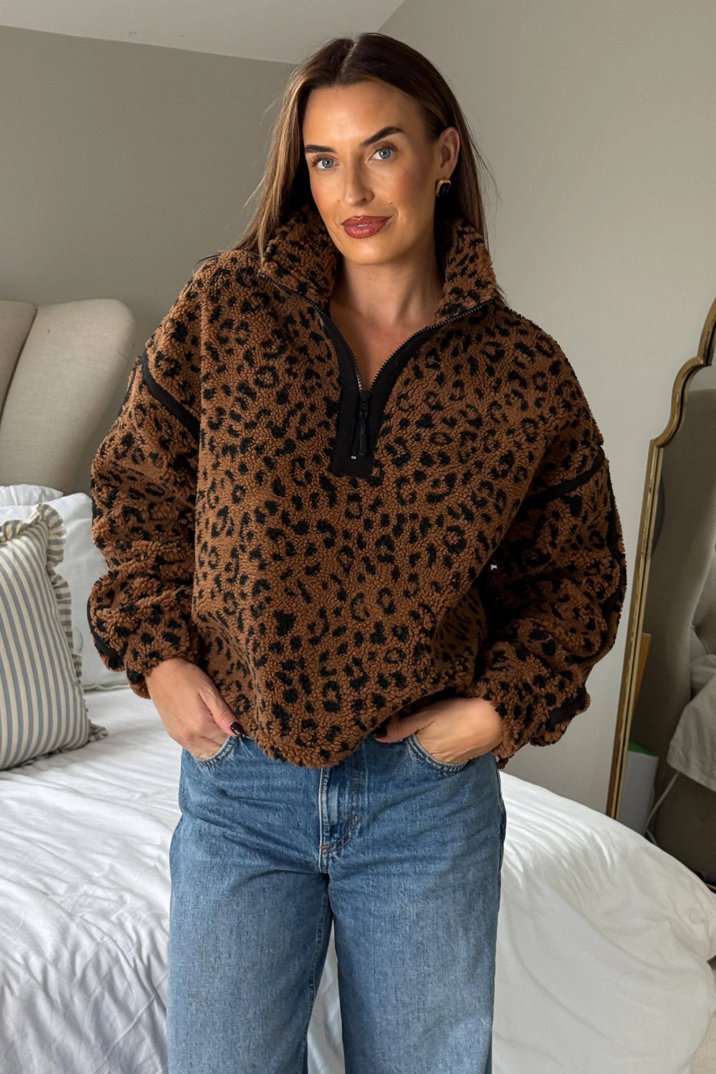 Lulu Contrast Binding 1/4 Zip Fleece Brown Animal - Image 4