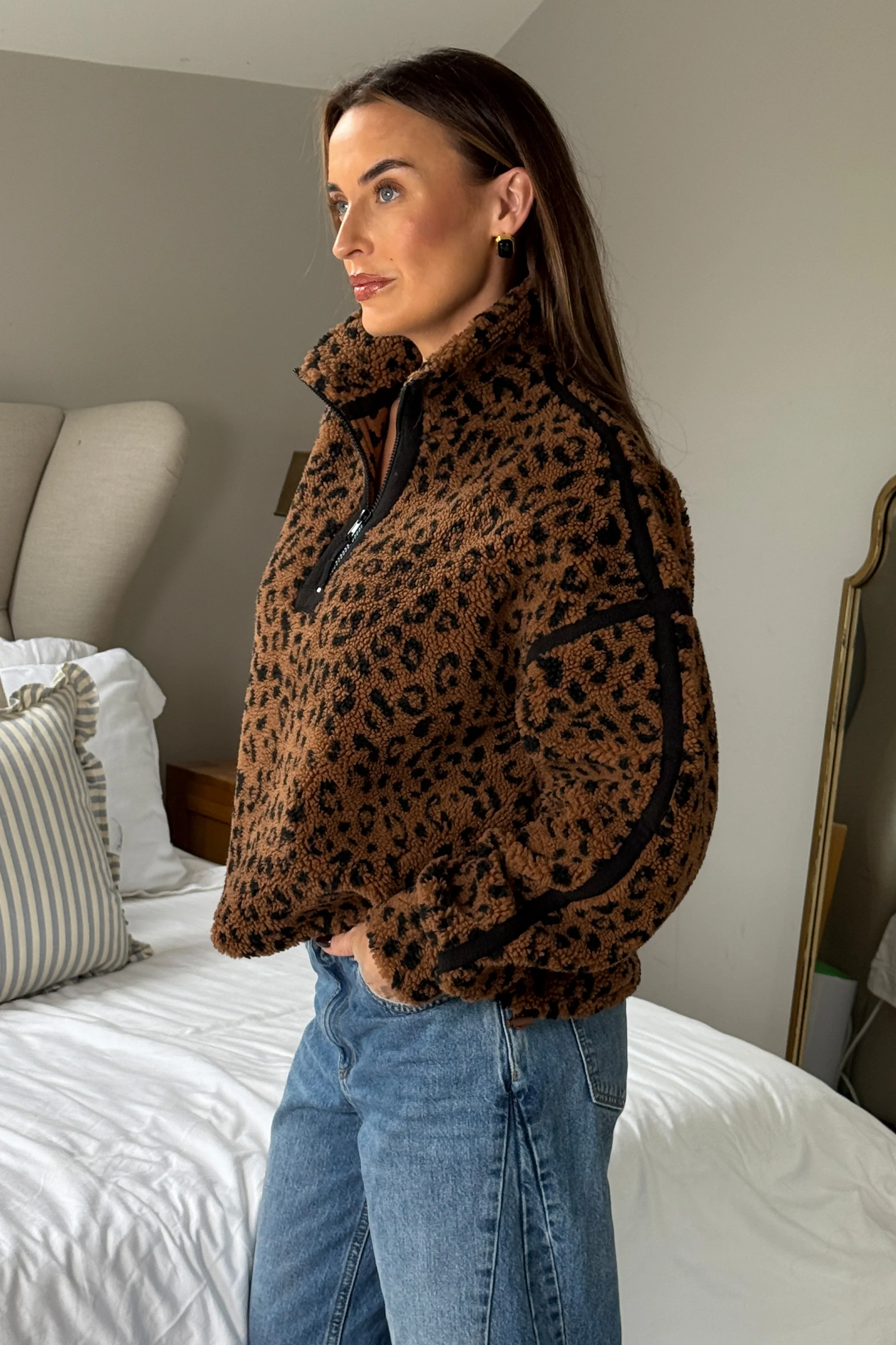 Lulu Contrast Binding 1/4 Zip Fleece Brown Animal - Image 5