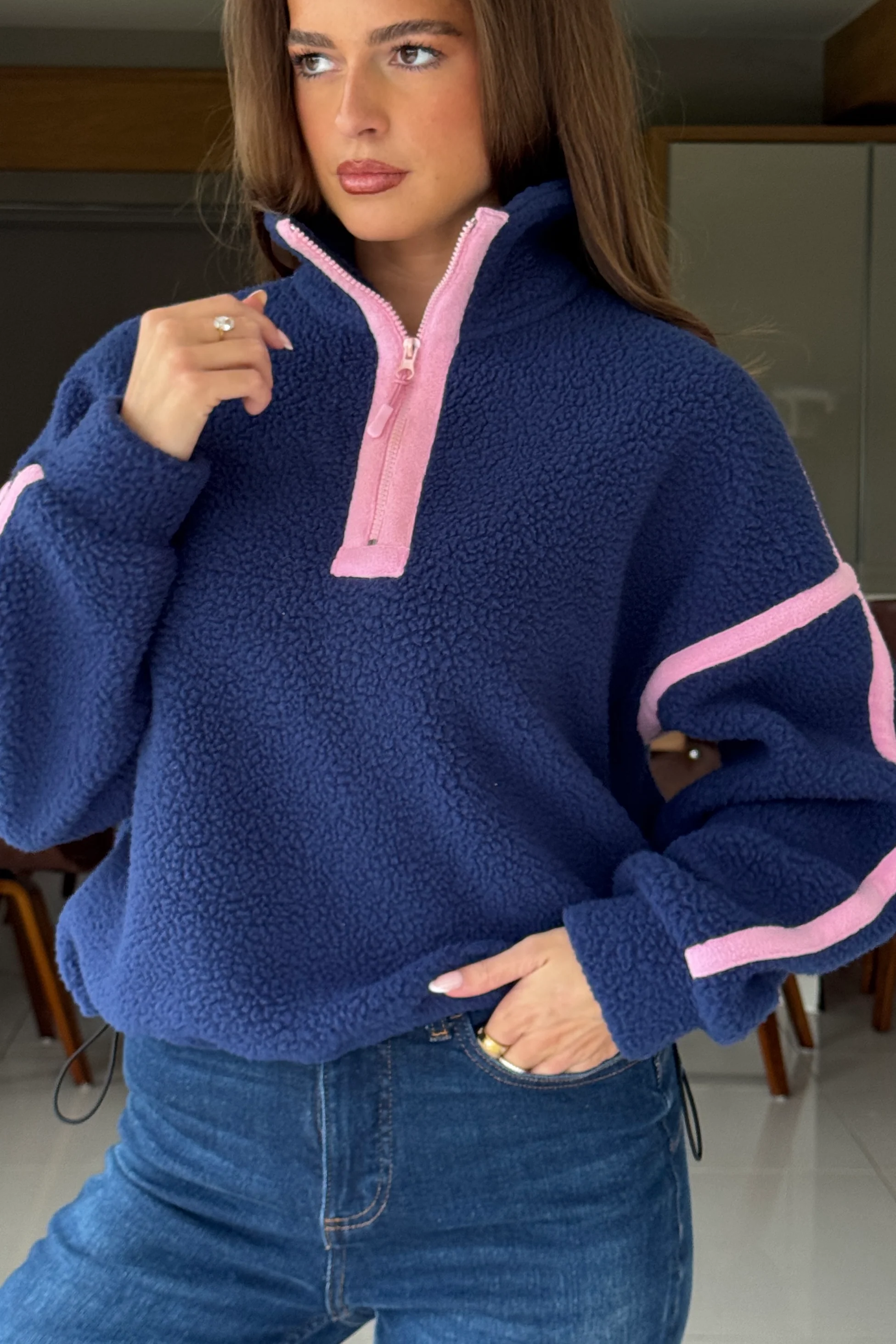 Lulu Contrast Binding 1/4 Zip Fleece Navy - Image 2