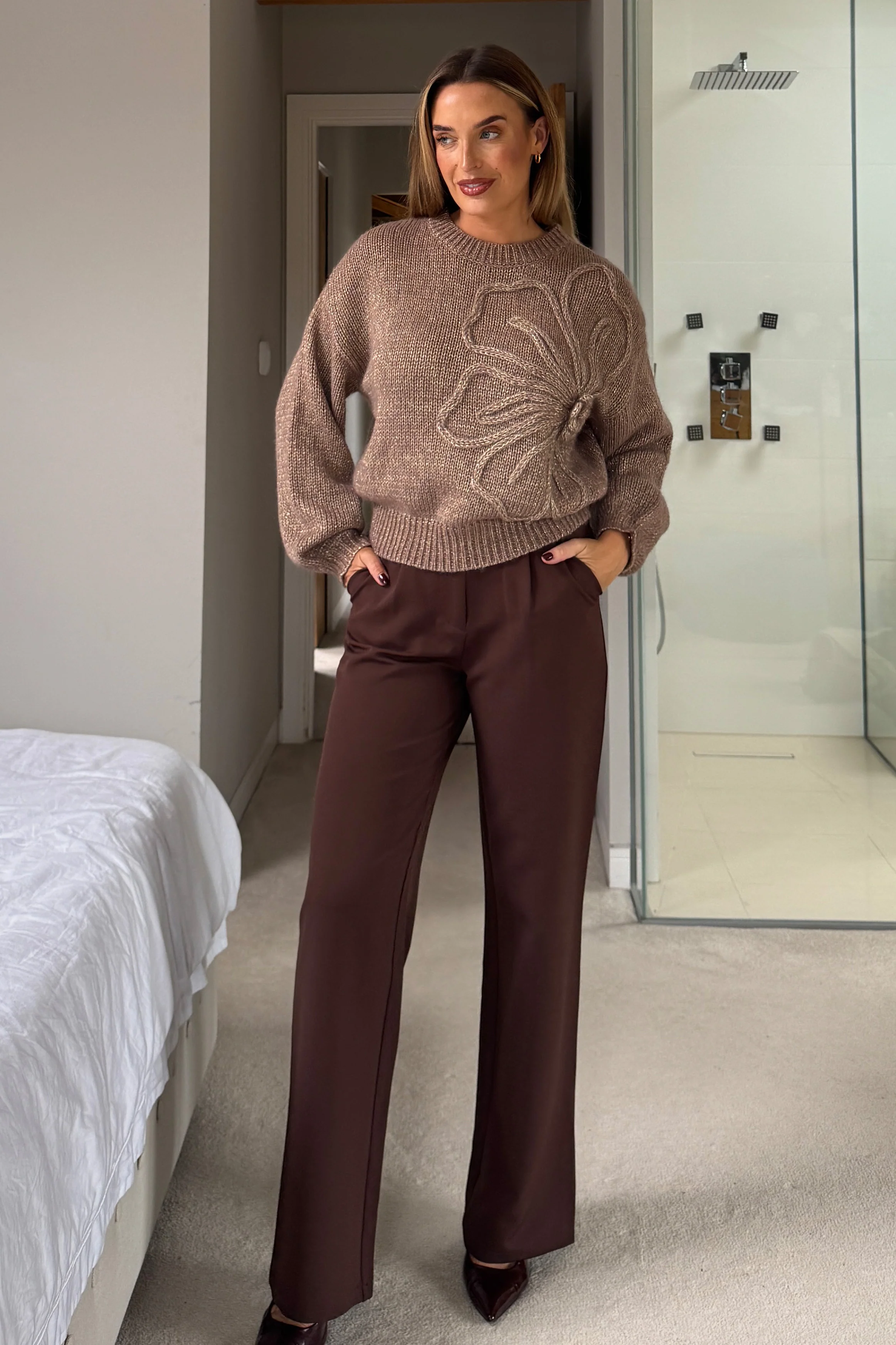 Lunetta Flower Knit Jumper Brown - Image 4