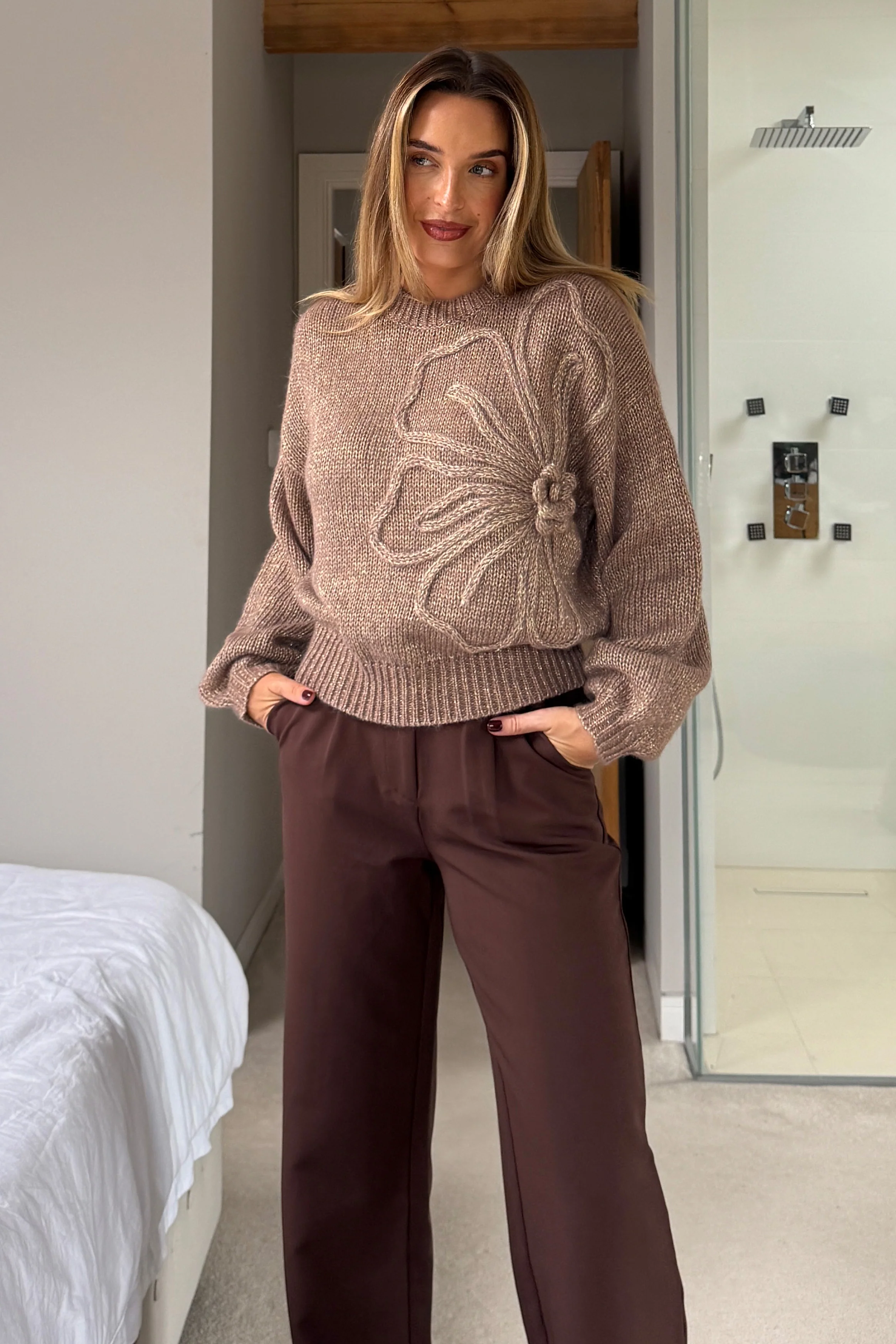 Lunetta Flower Knit Jumper Brown - Image 5