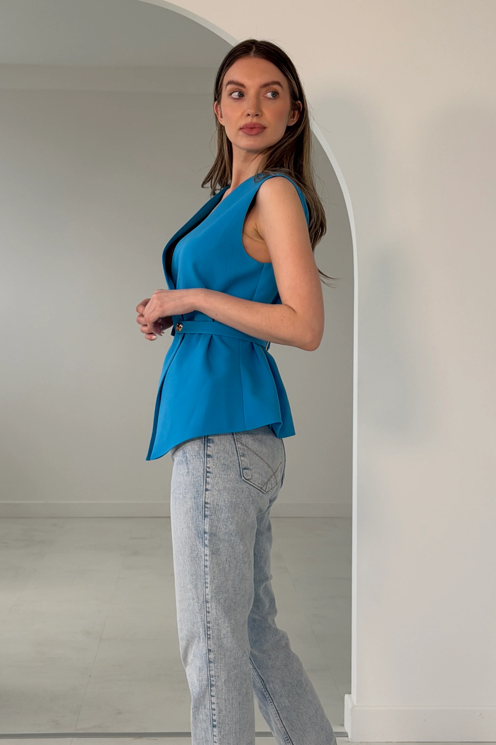 Luni Belted Button Waistcoat Blue - Image 4