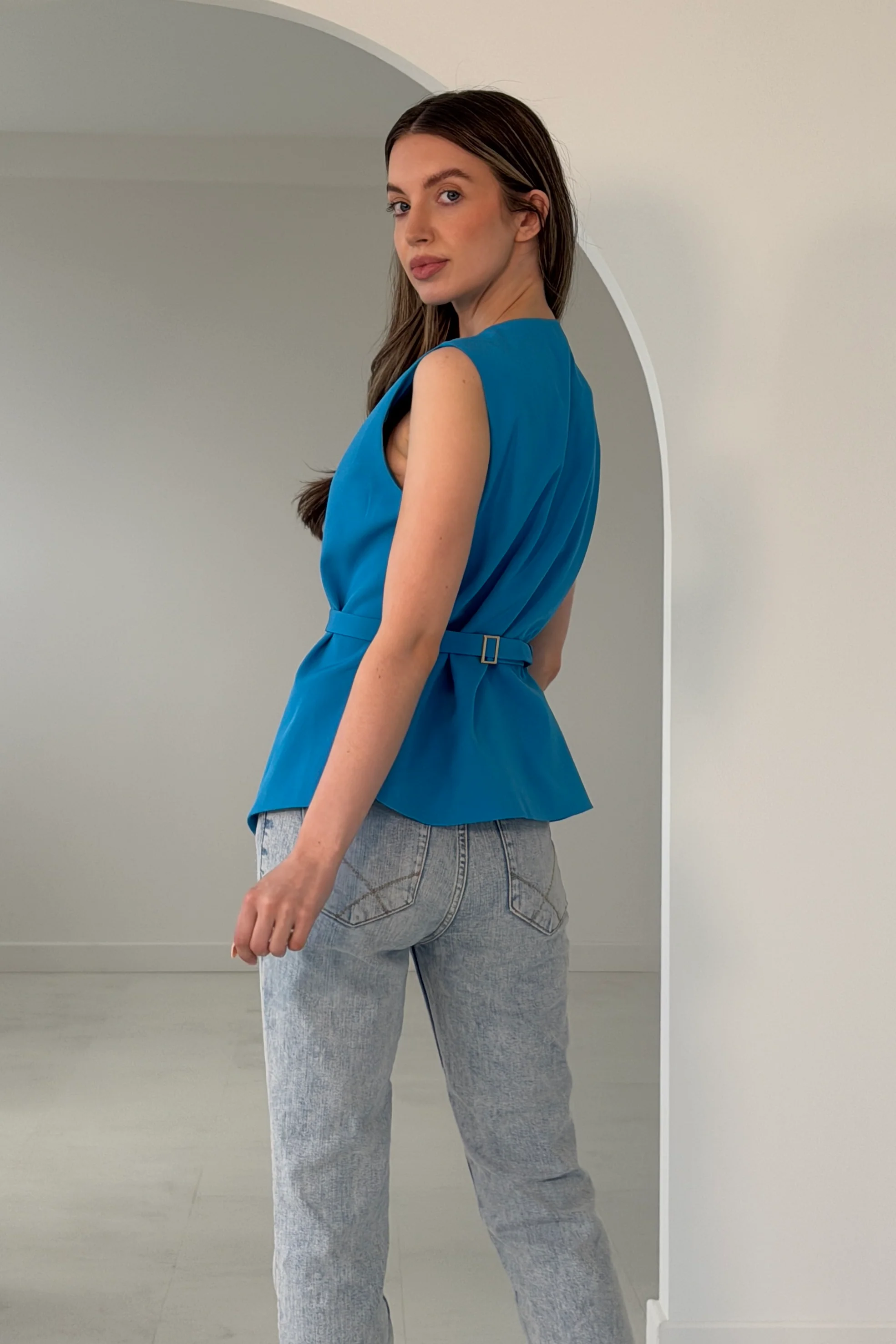 Luni Belted Button Waistcoat Blue - Image 5