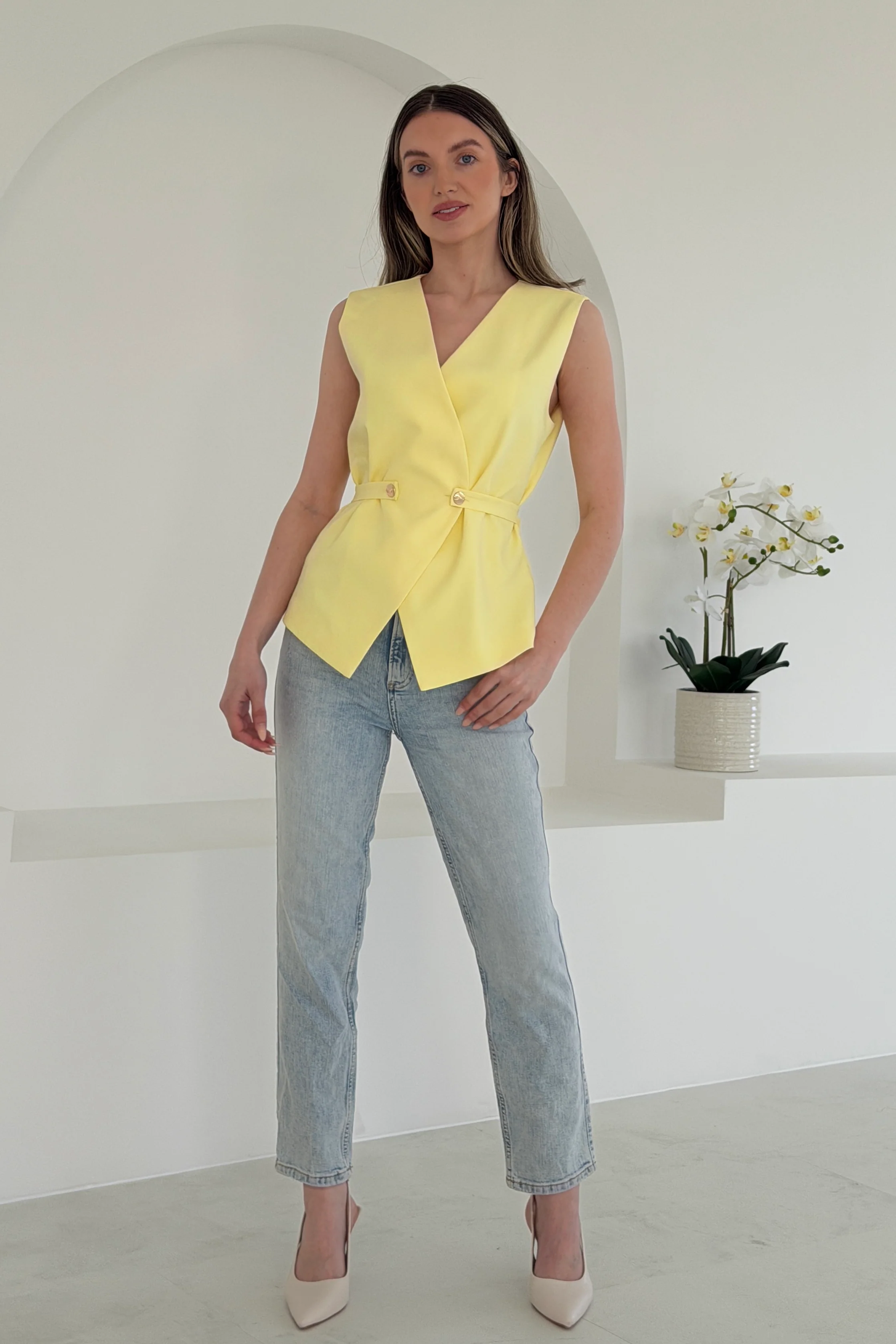 Luni Belted Button Waistcoat Yellow - Image 2