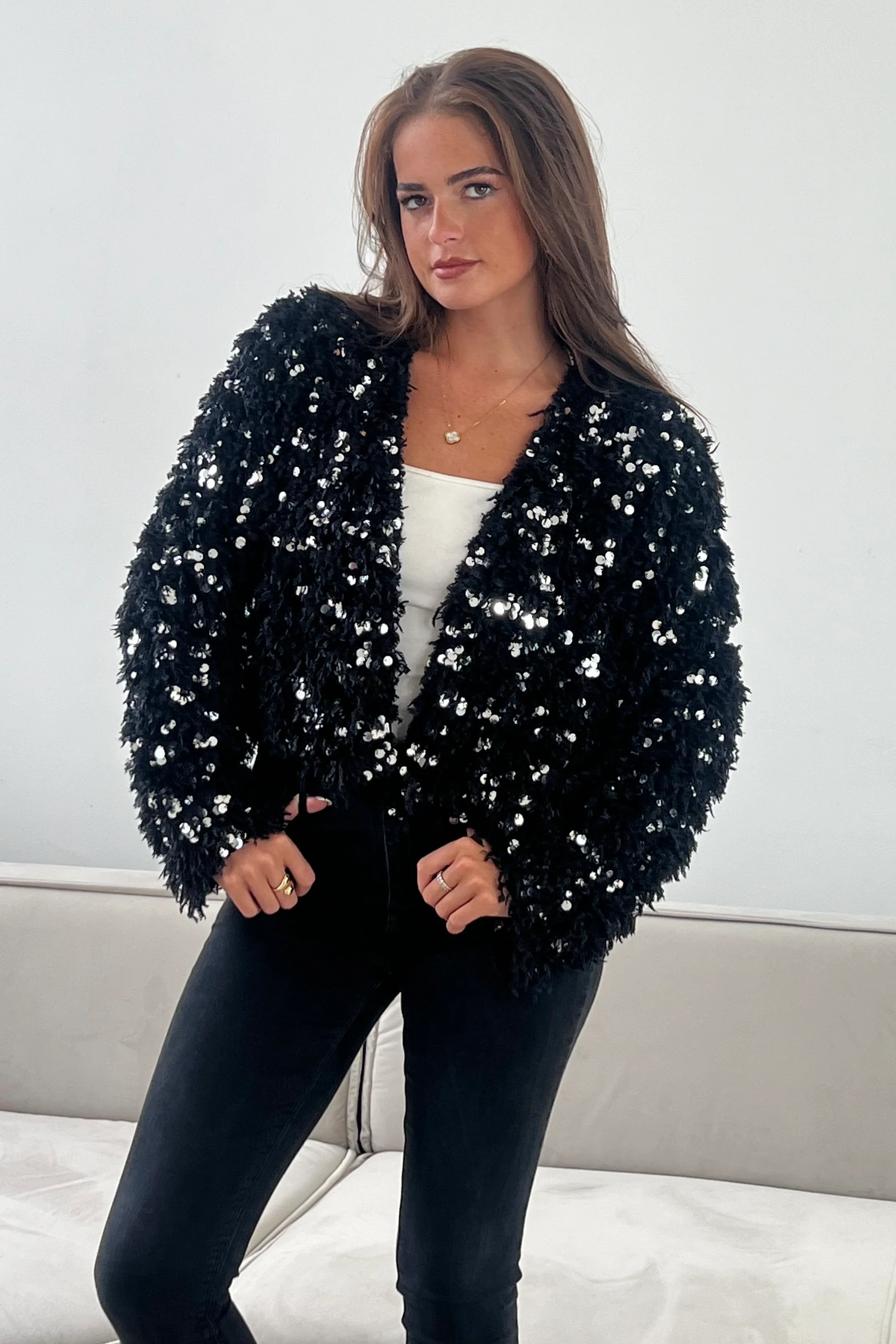 Lynn Sequin Cropped Cardigan Black - Image 3