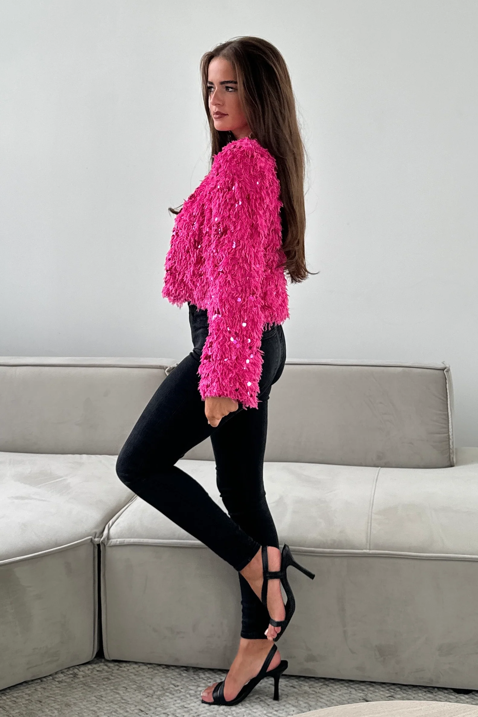 Lynn Sequin Cropped Cardigan Pink - Image 3