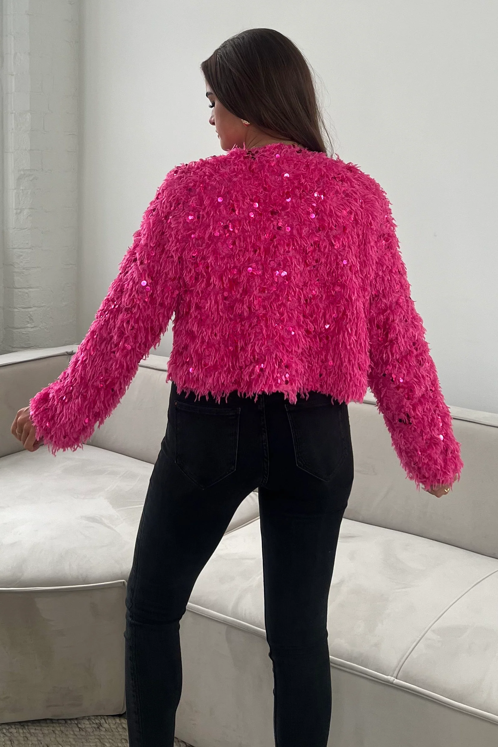 Lynn Sequin Cropped Cardigan Pink - Image 4