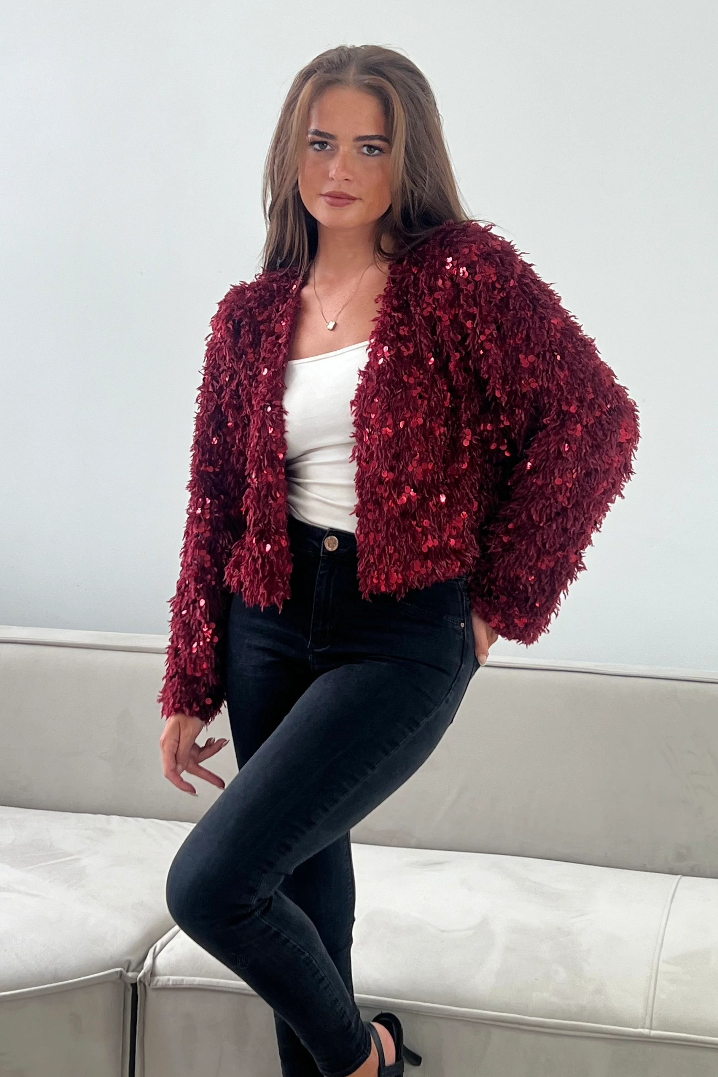 Lynn Sequin Cropped Cardigan Wine - Image 3