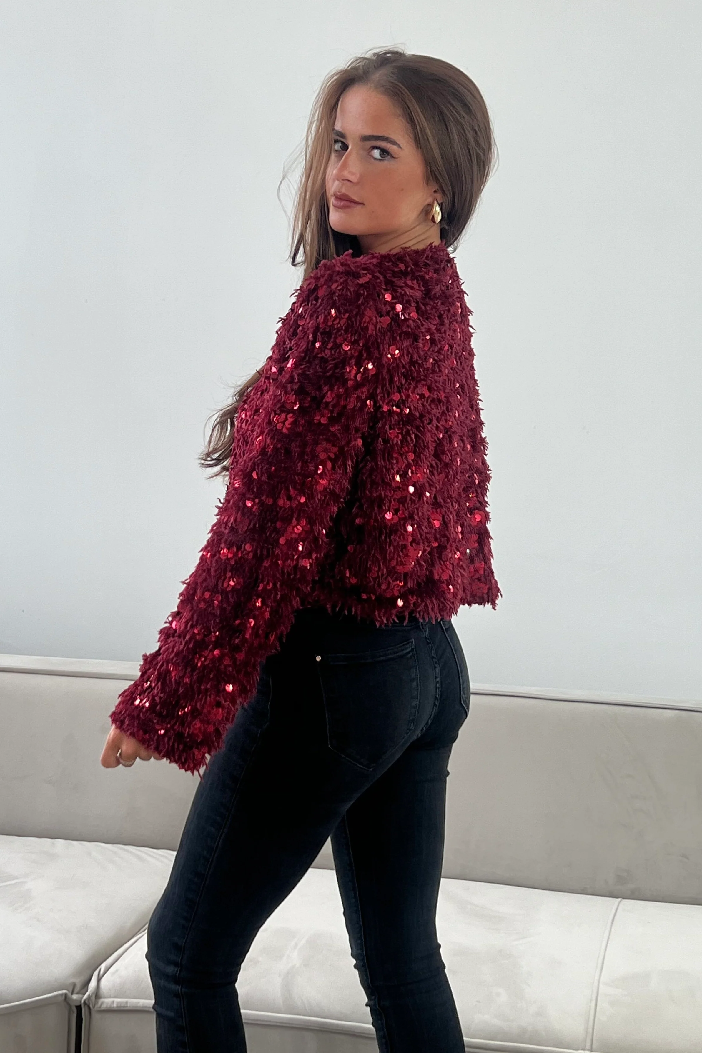 Lynn Sequin Cropped Cardigan Wine - Image 4