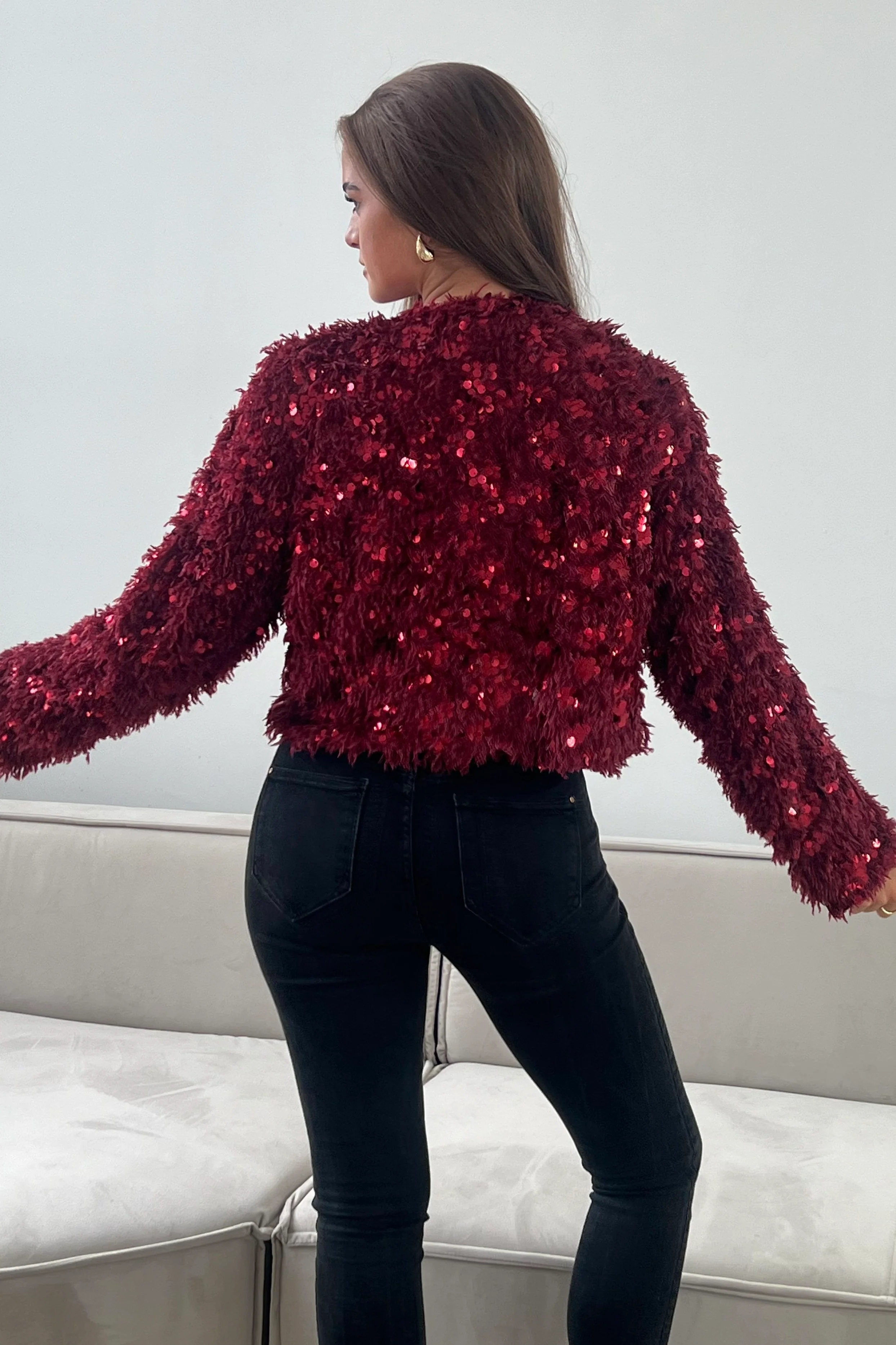Lynn Sequin Cropped Cardigan Wine - Image 5