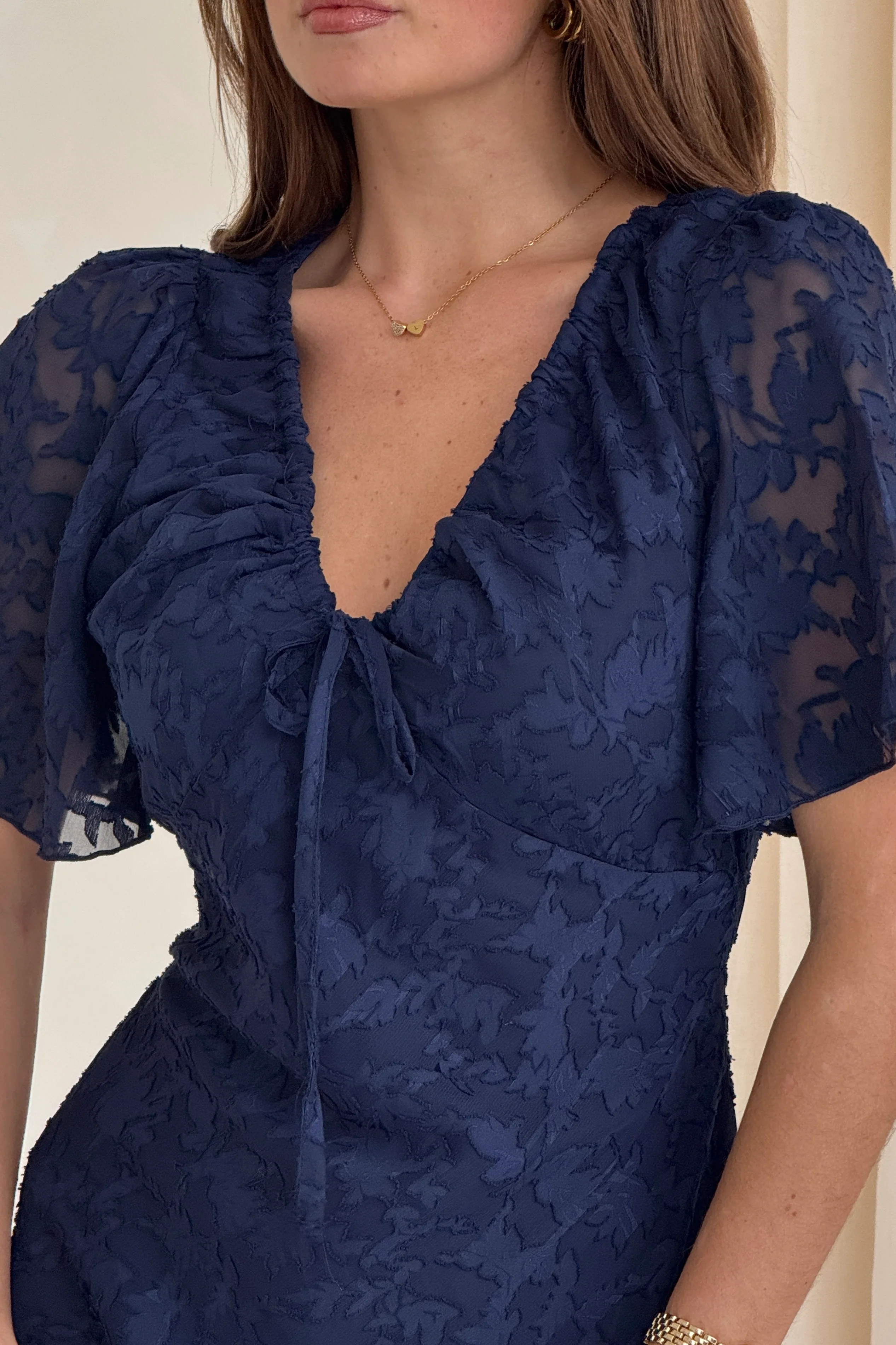 Maddy Gathered Neckline Navy Midi Dress - Image 3