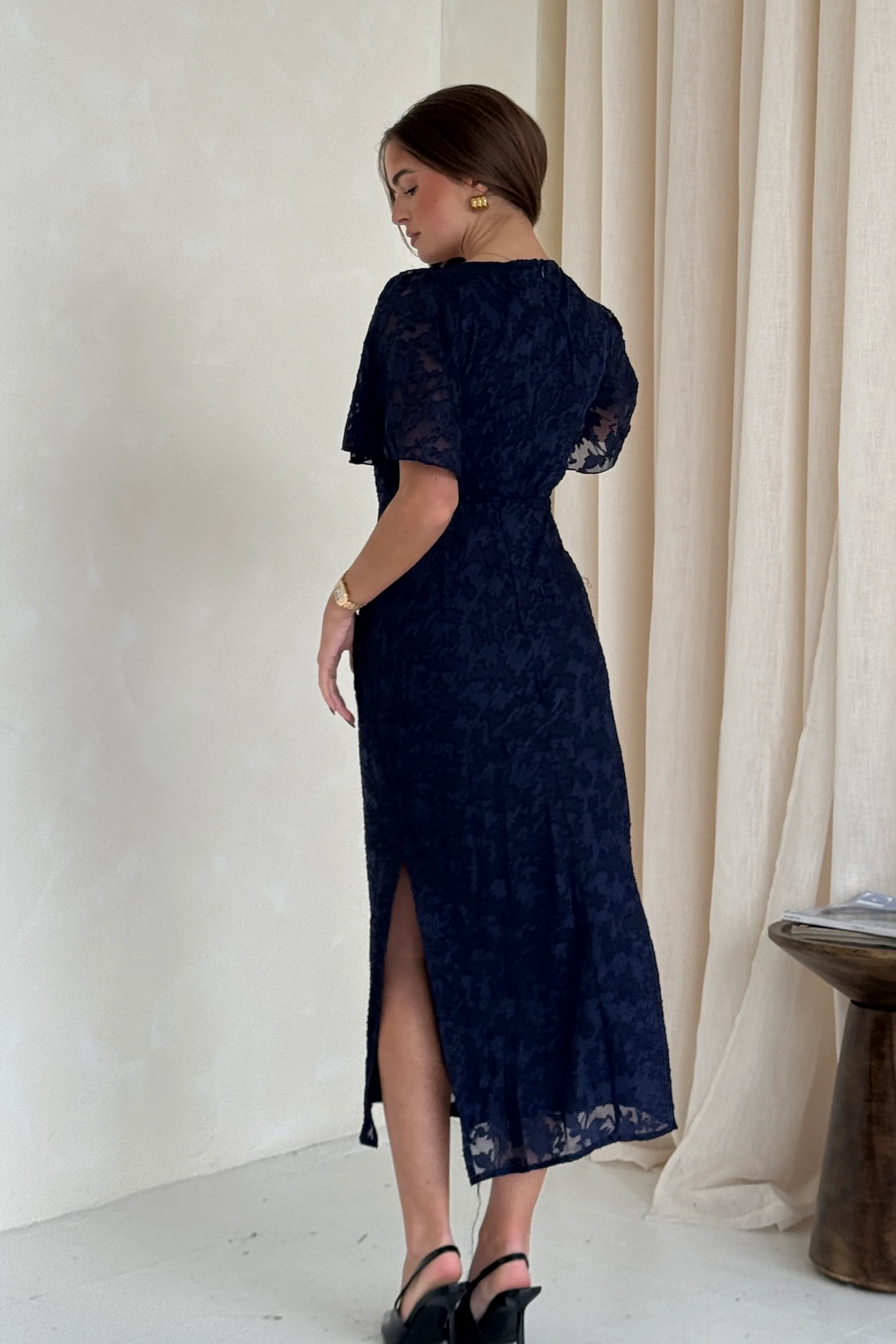 Maddy Gathered Neckline Navy Midi Dress - Image 5