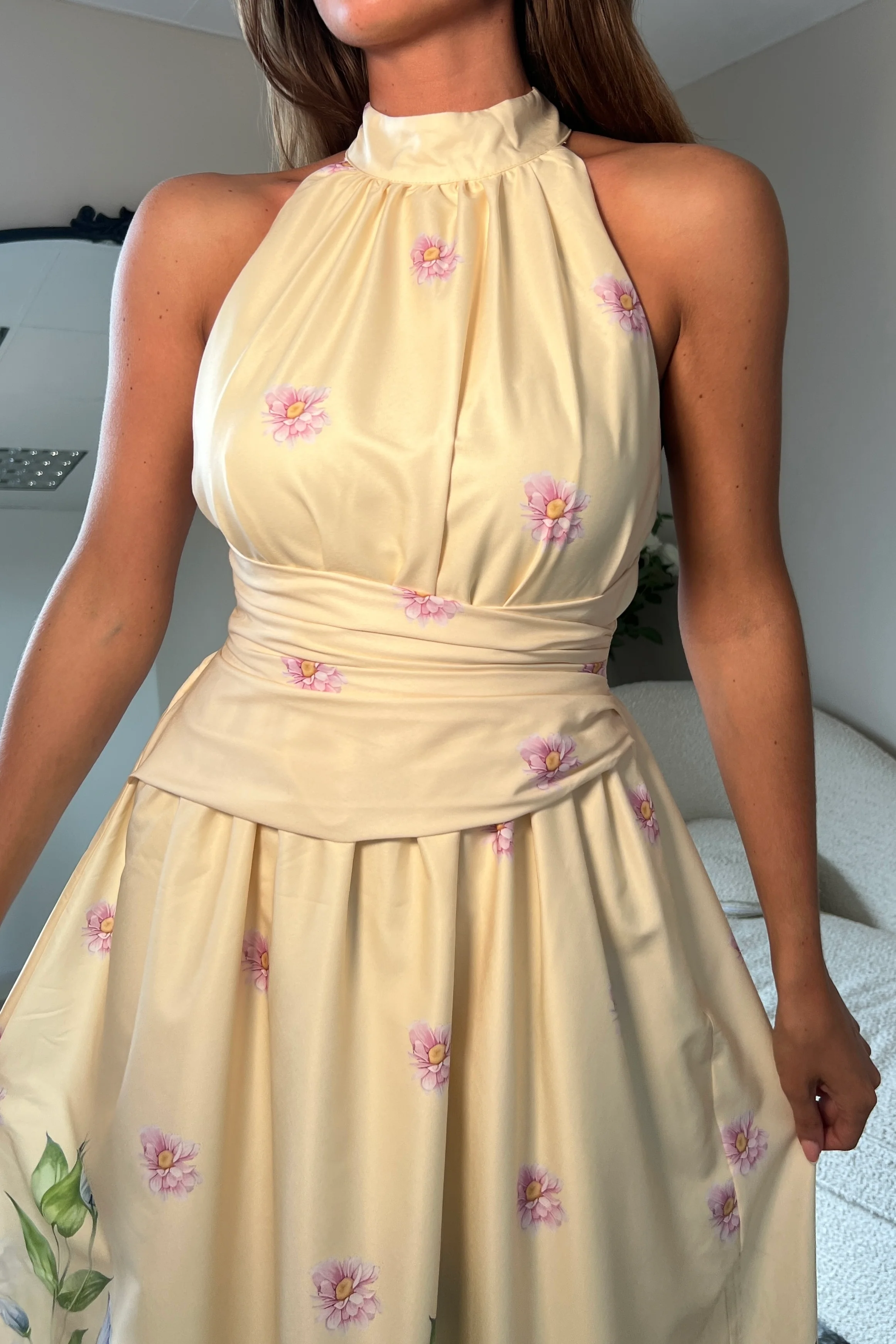 Maggie Wrap Waist Halterneck Midi Dress Yellow Floral - Image 2