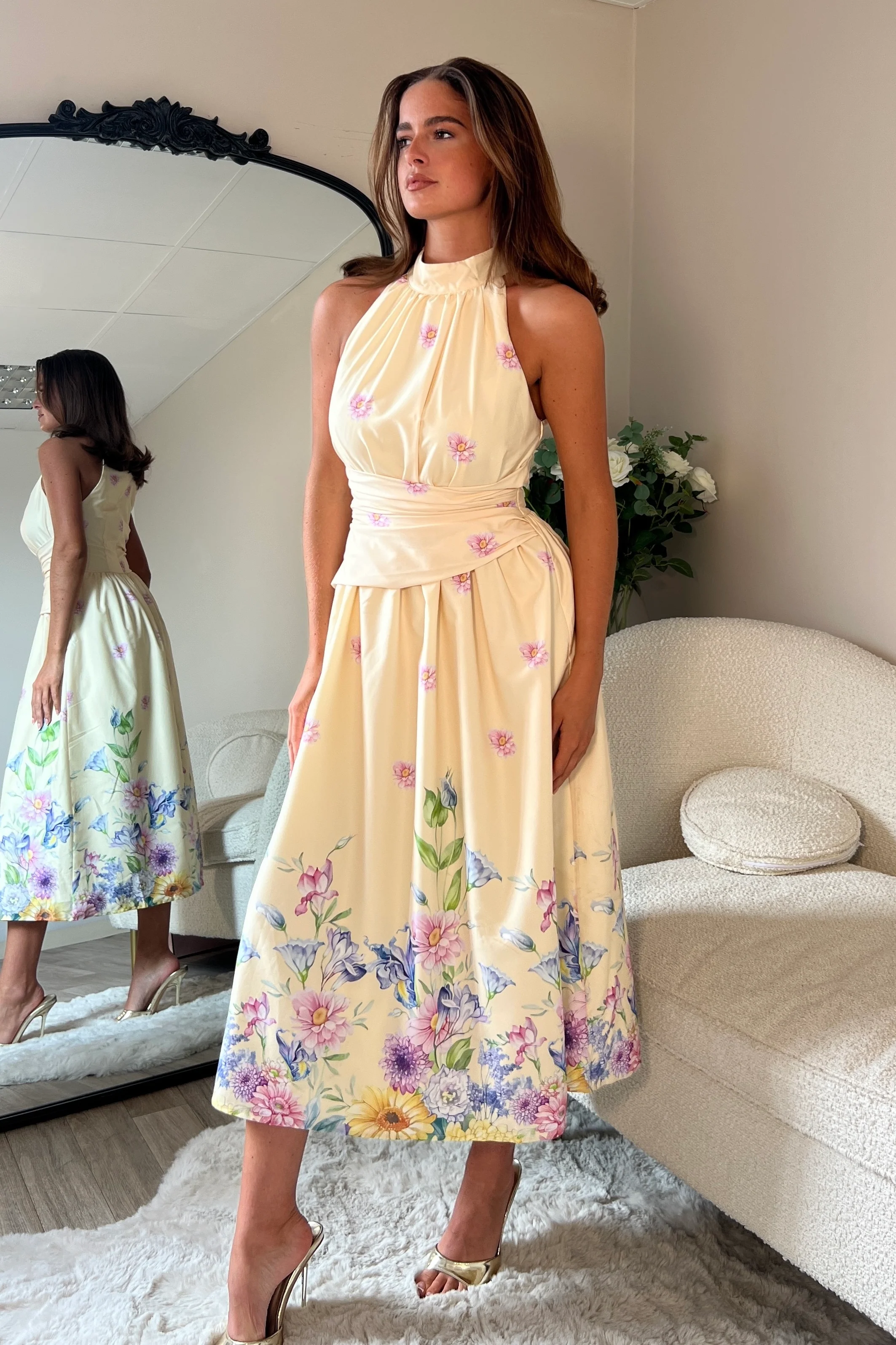 Maggie Wrap Waist Halterneck Midi Dress Yellow Floral - Image 3