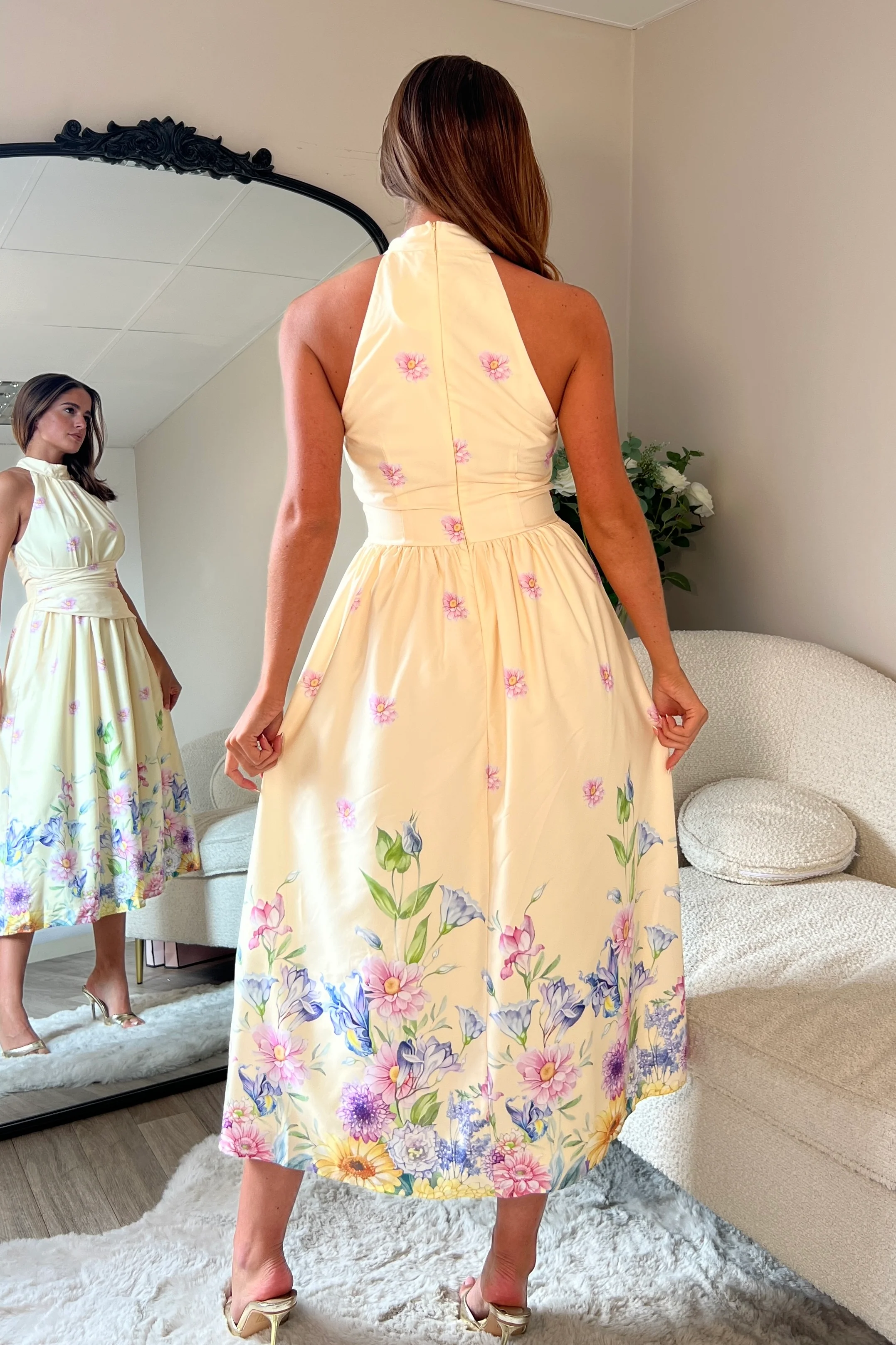 Maggie Wrap Waist Halterneck Midi Dress Yellow Floral - Image 4