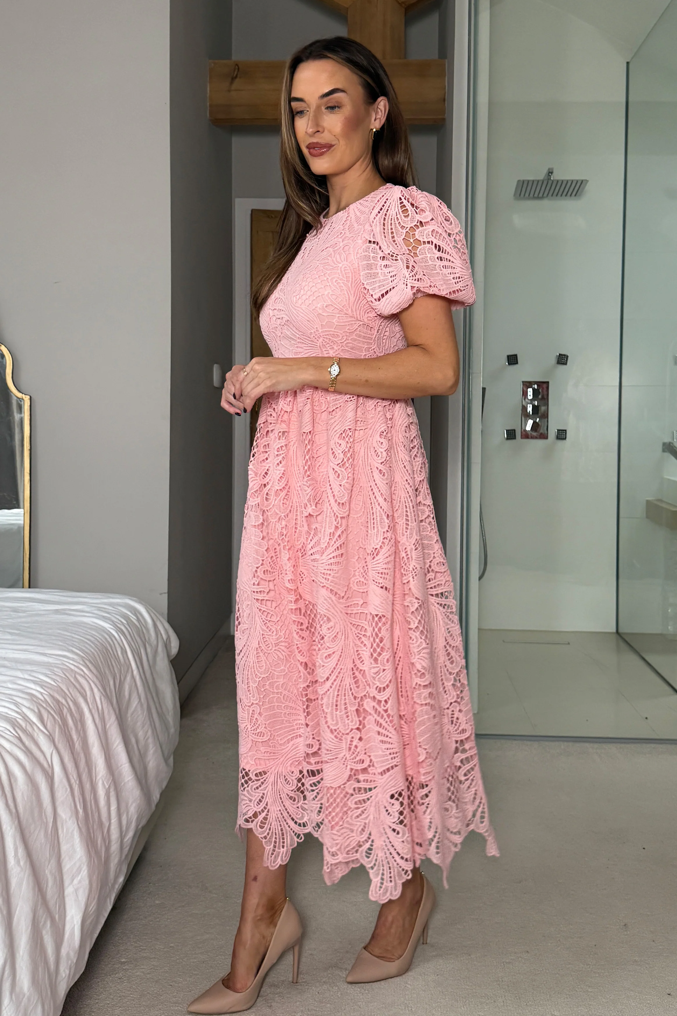 Marguerite Round Neck Puff Sleeve Midi Dress Pink Lace - Image 3