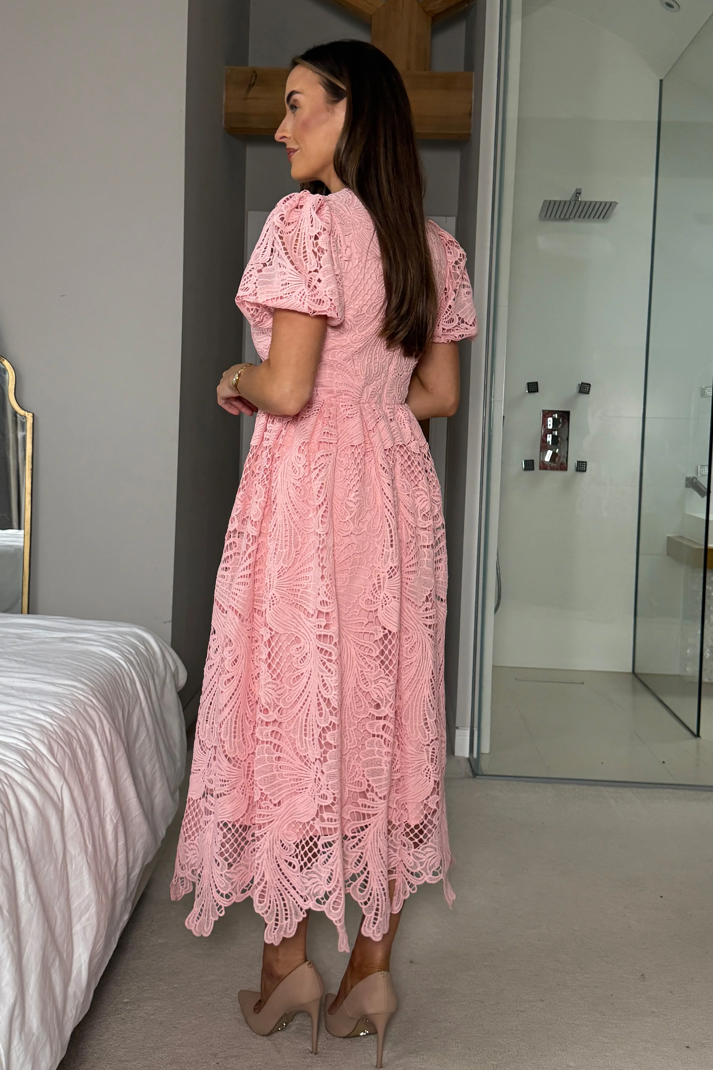 Marguerite Round Neck Puff Sleeve Midi Dress Pink Lace - Image 4