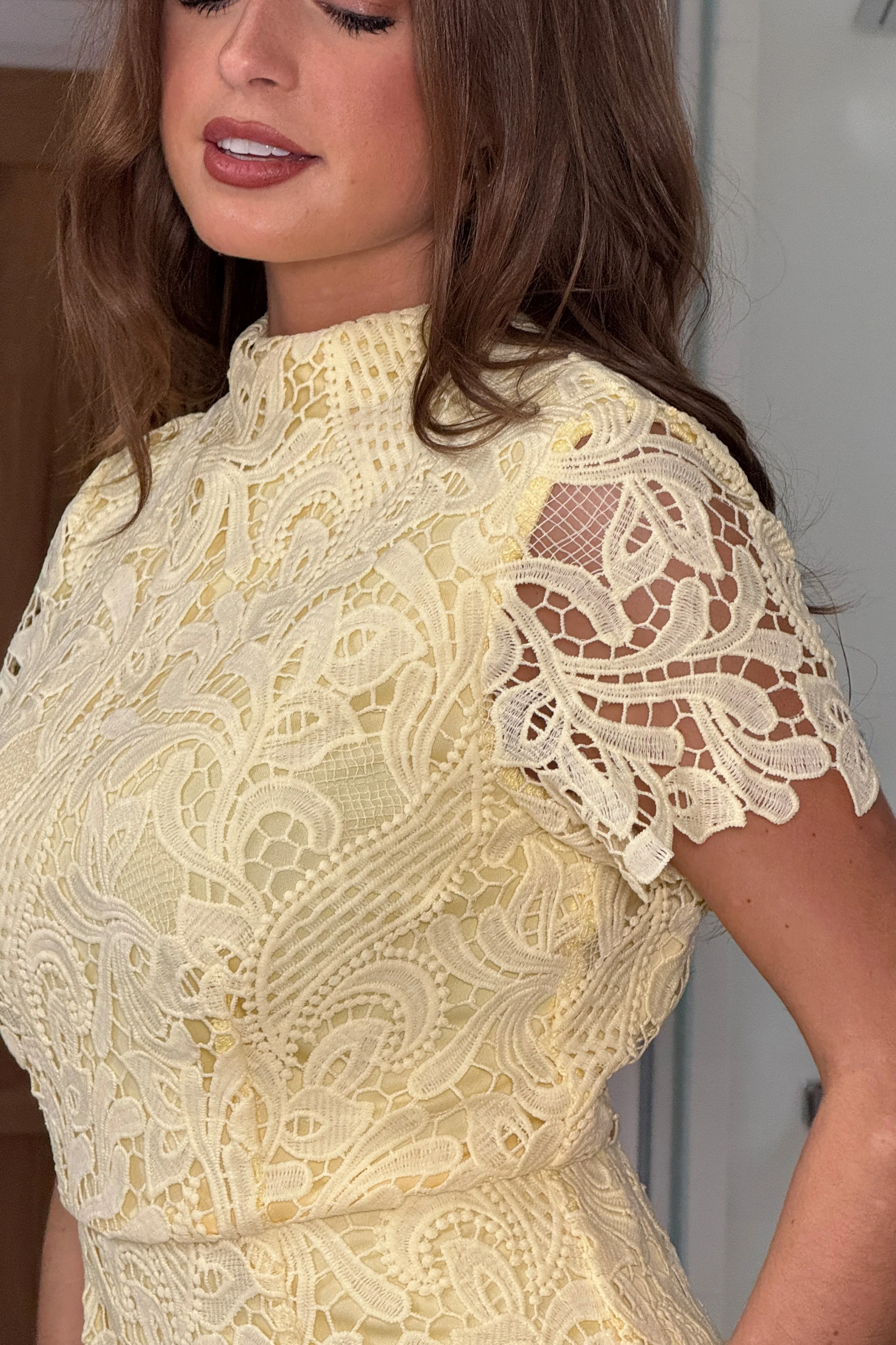 Maryam Cap Sleeve High Neck Lace Mini Dress Yellow - Image 3