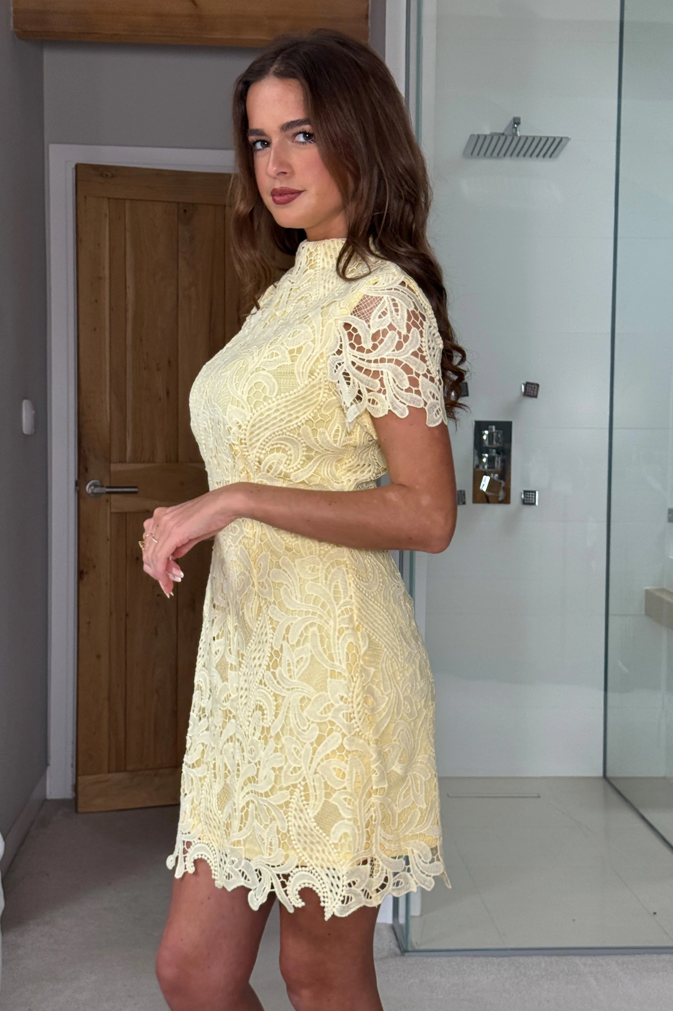 Maryam Cap Sleeve High Neck Lace Mini Dress Yellow - Image 5