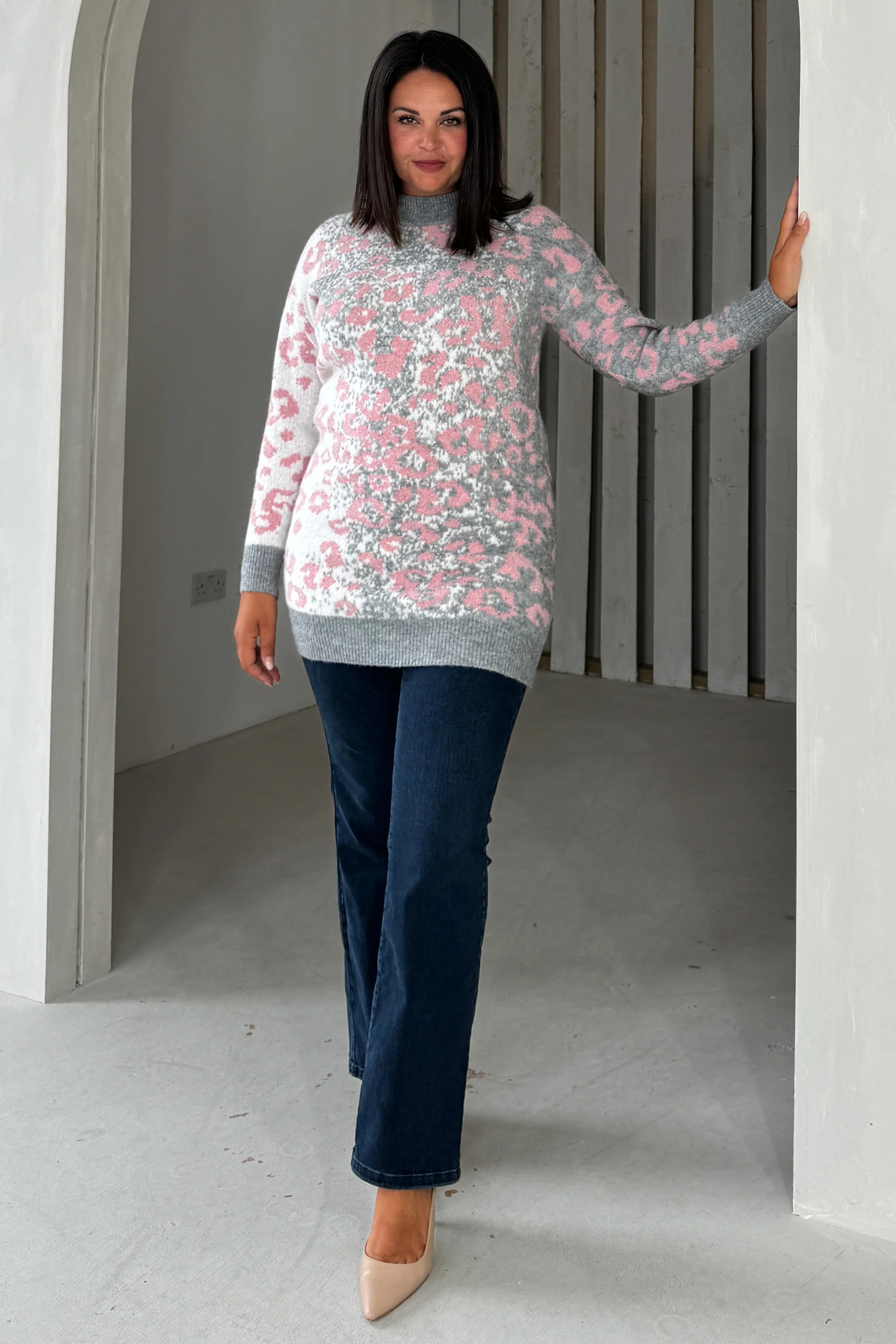 Mavis Pink & Grey Leopard Jumper Dress - Image 5