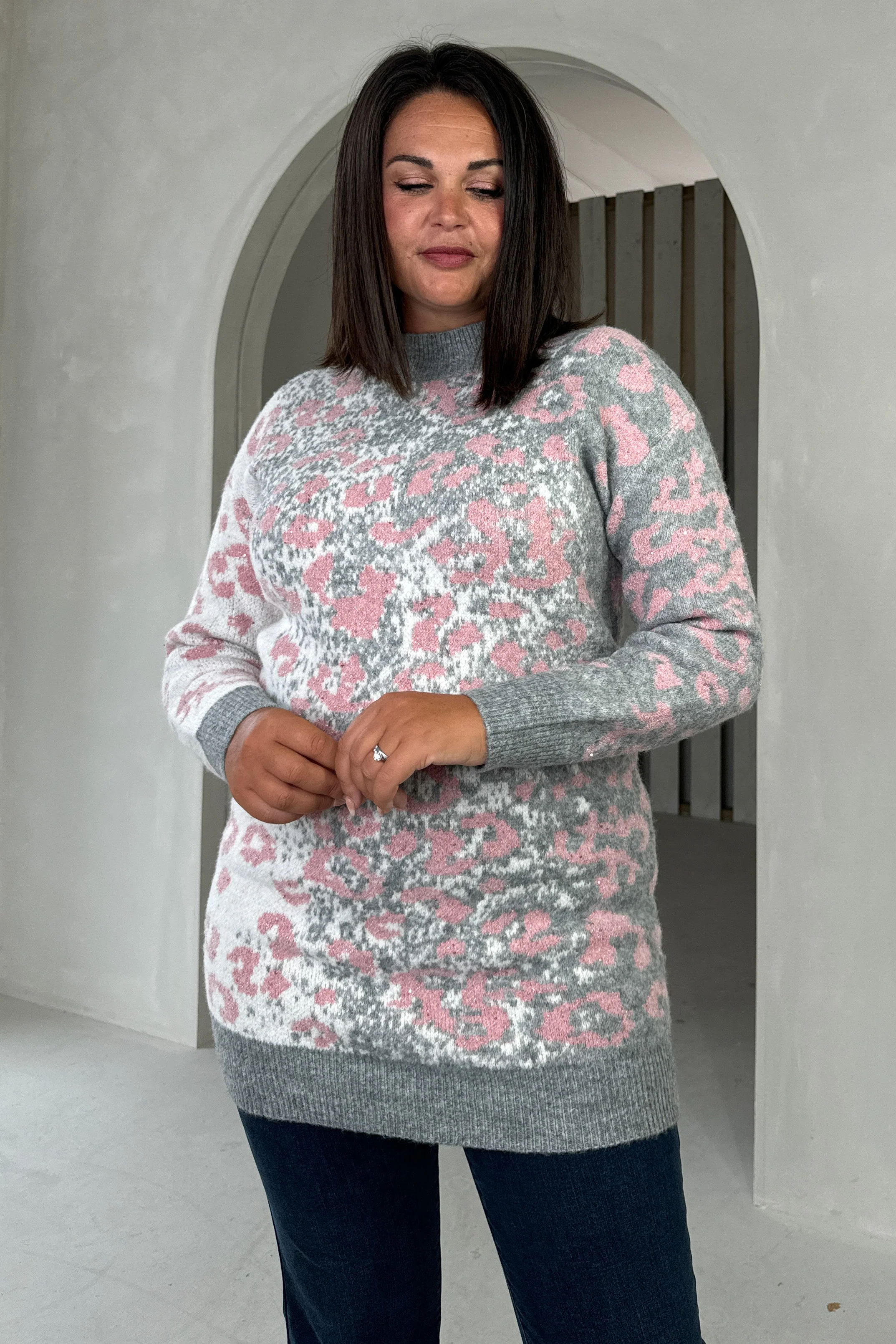 Mavis Pink & Grey Leopard Jumper Dress - Image 6