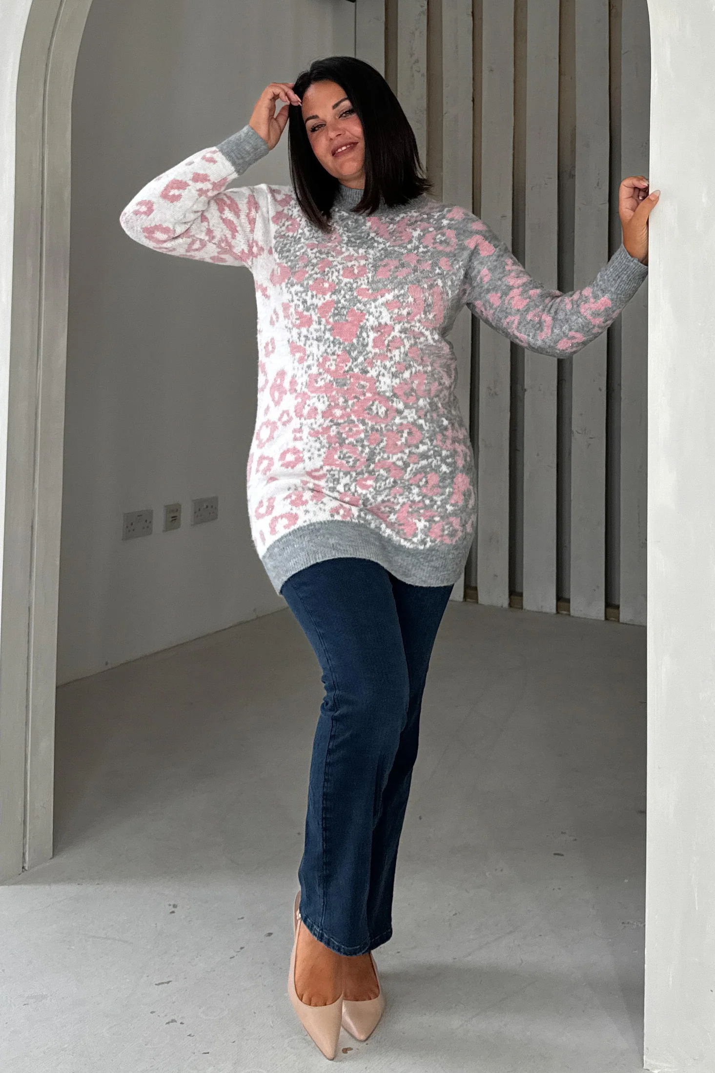 Mavis Pink & Grey Leopard Jumper Dress - Image 7