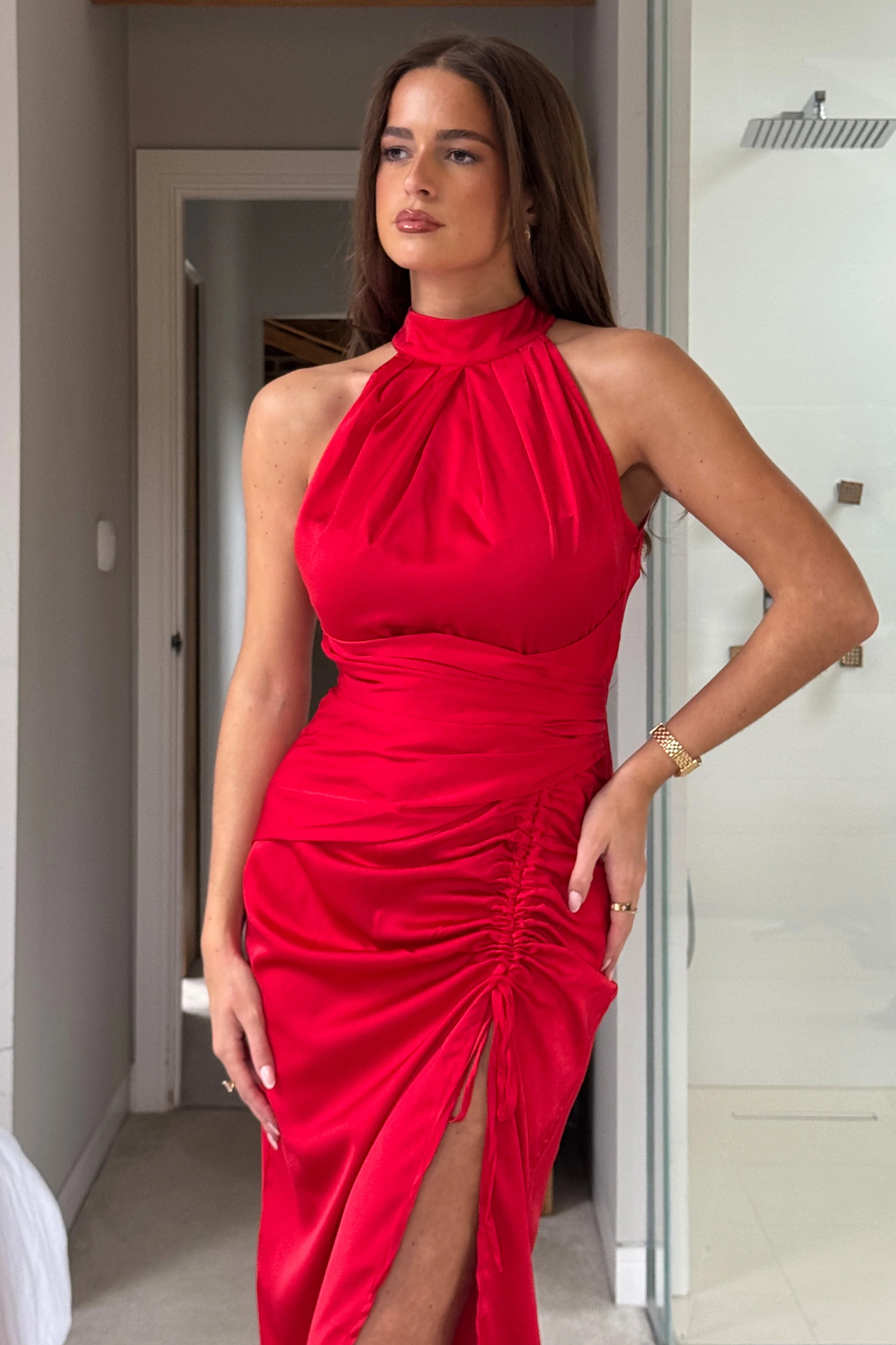 Maxine Ruched Detail Halterneck Midi Dress Red - Image 2