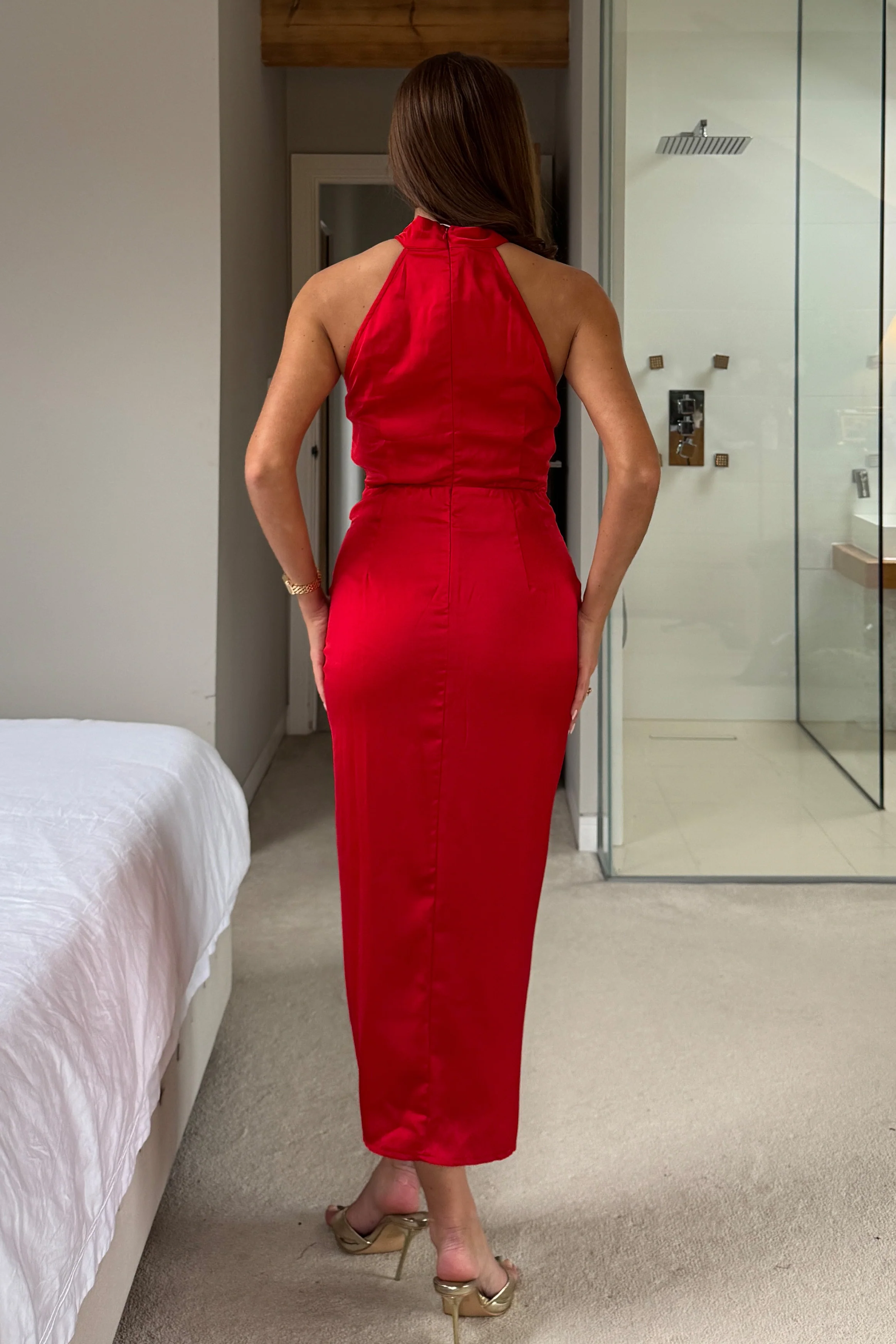 Maxine Ruched Detail Halterneck Midi Dress Red - Image 4