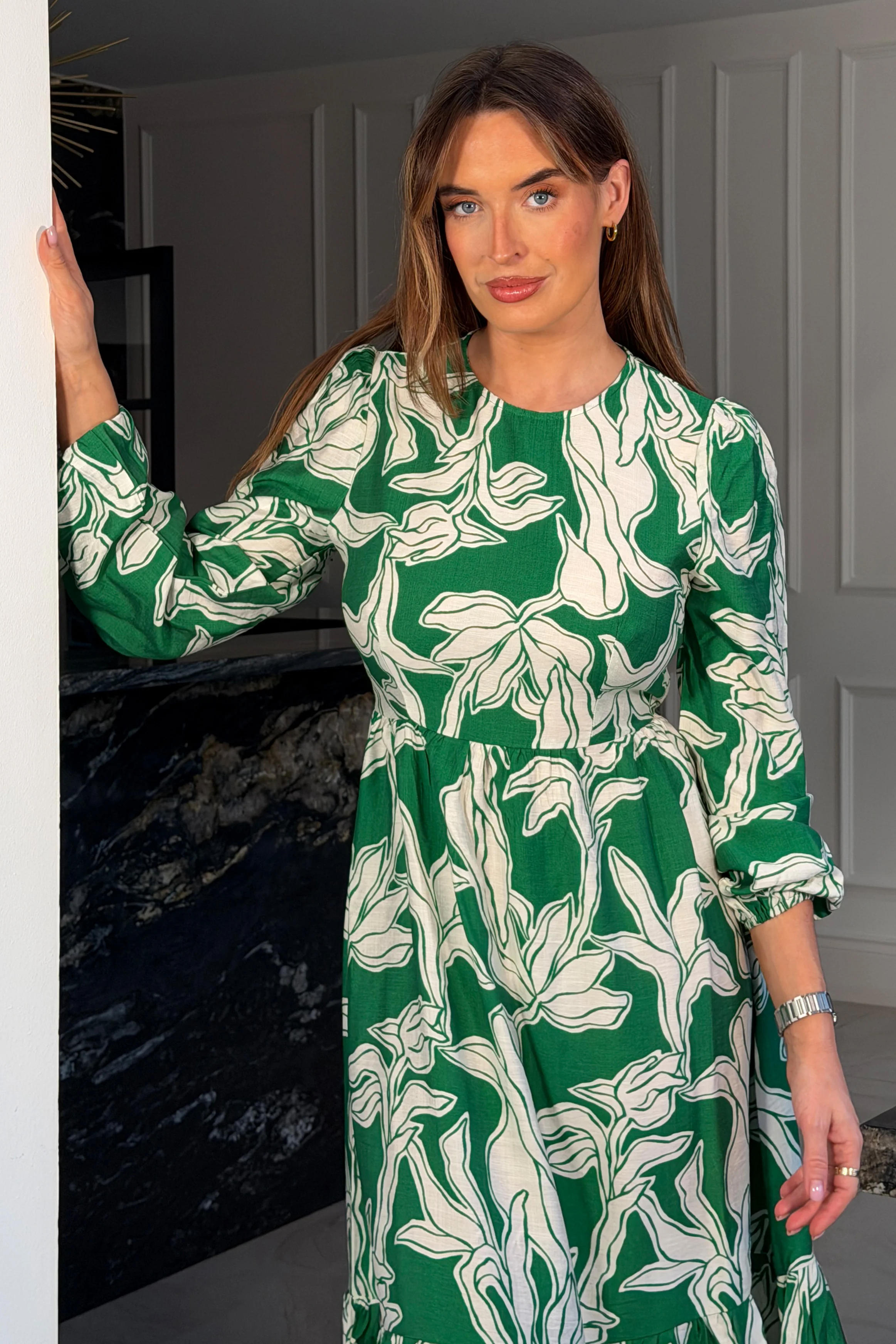 May Long Sleeve Tiered Midi Dress Green - Image 2