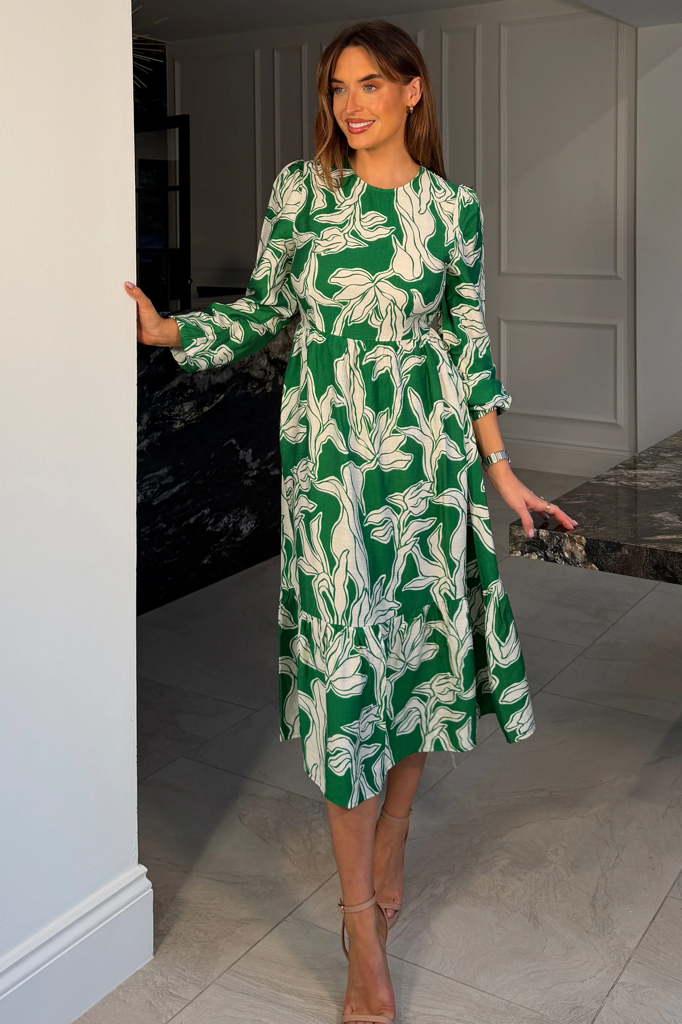 May Long Sleeve Tiered Midi Dress Green - Image 3