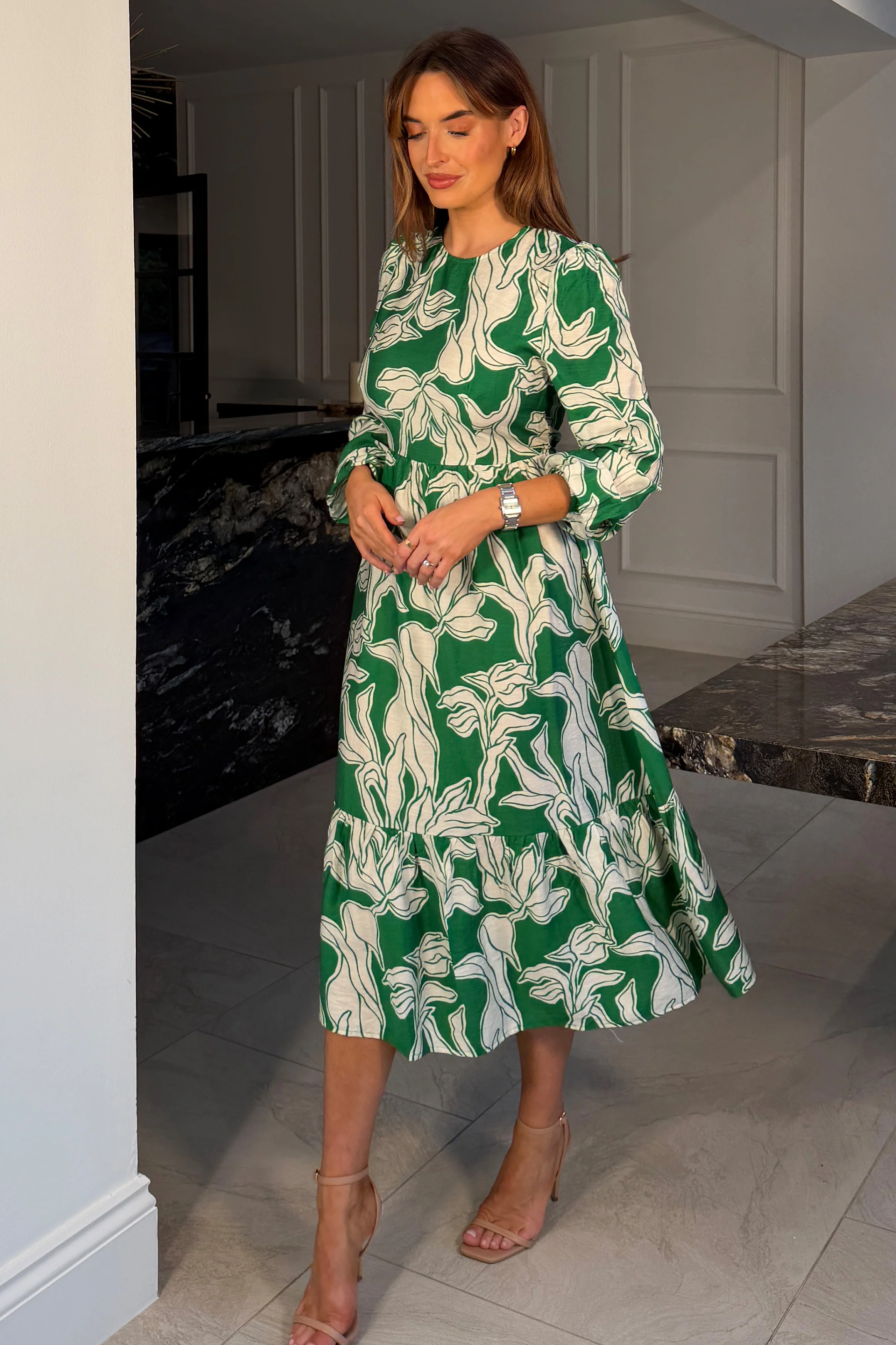 May Long Sleeve Tiered Midi Dress Green - Image 5