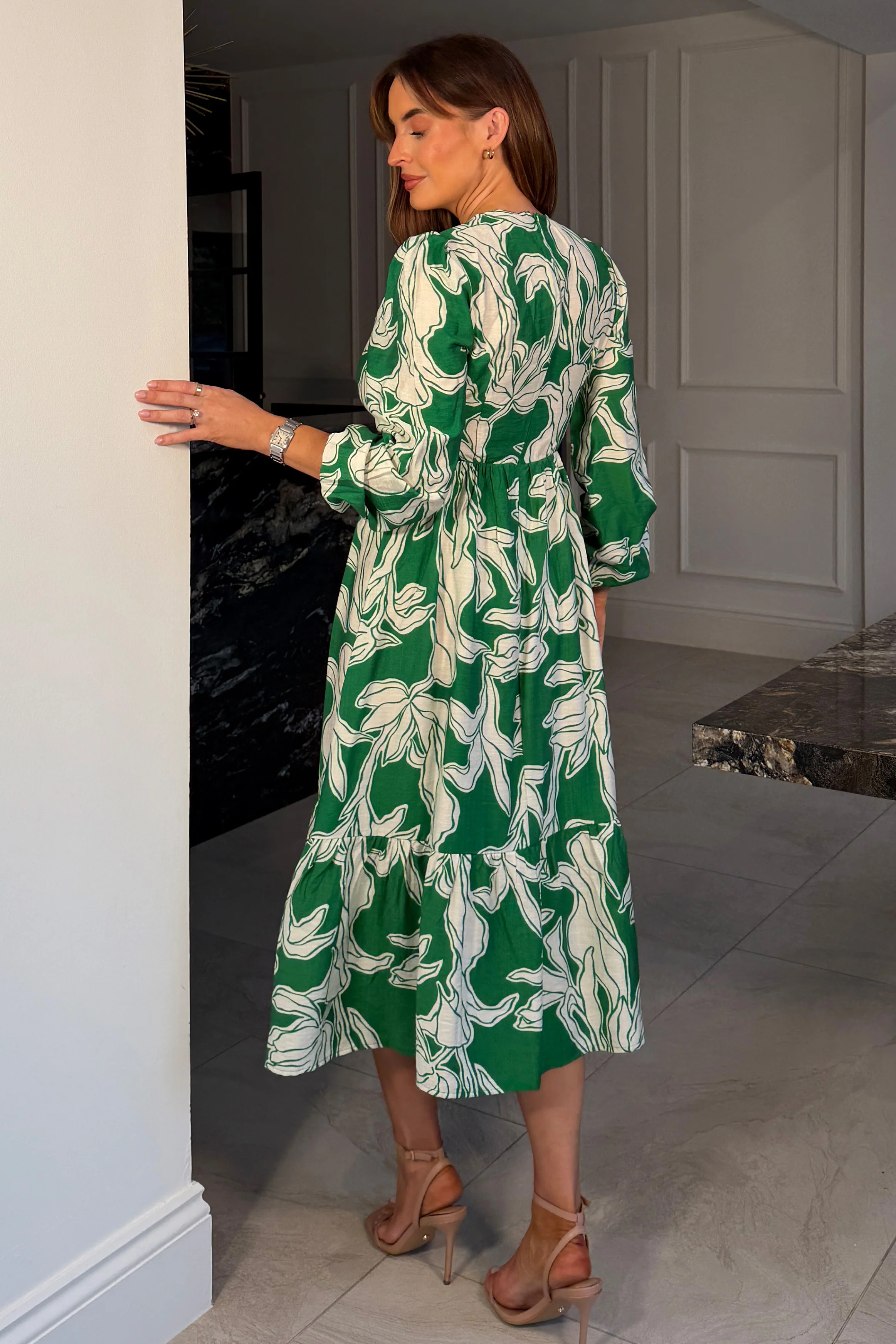 May Long Sleeve Tiered Midi Dress Green - Image 6