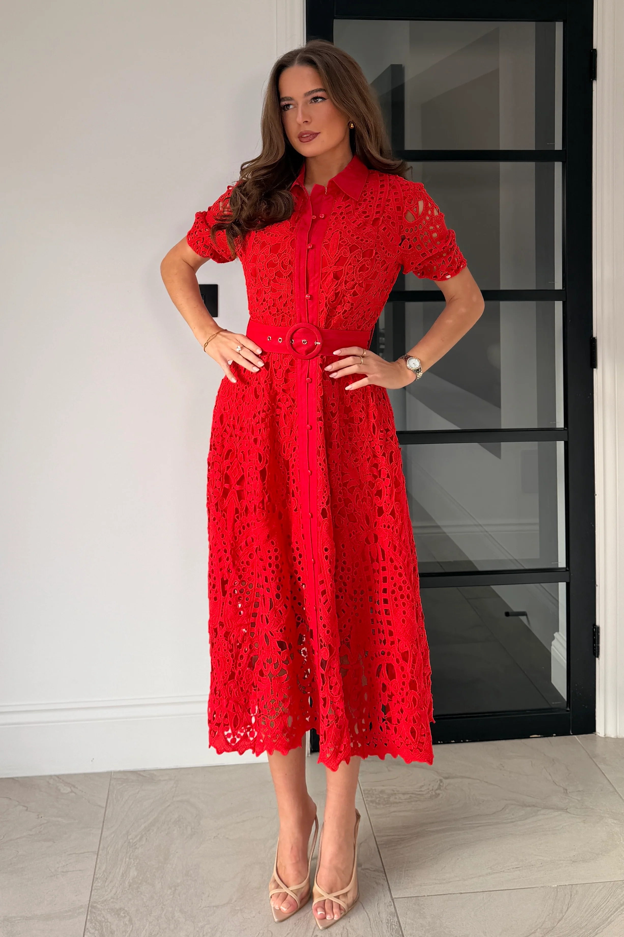 Meadow Short Sleeve Midi Dress Red - Image 3