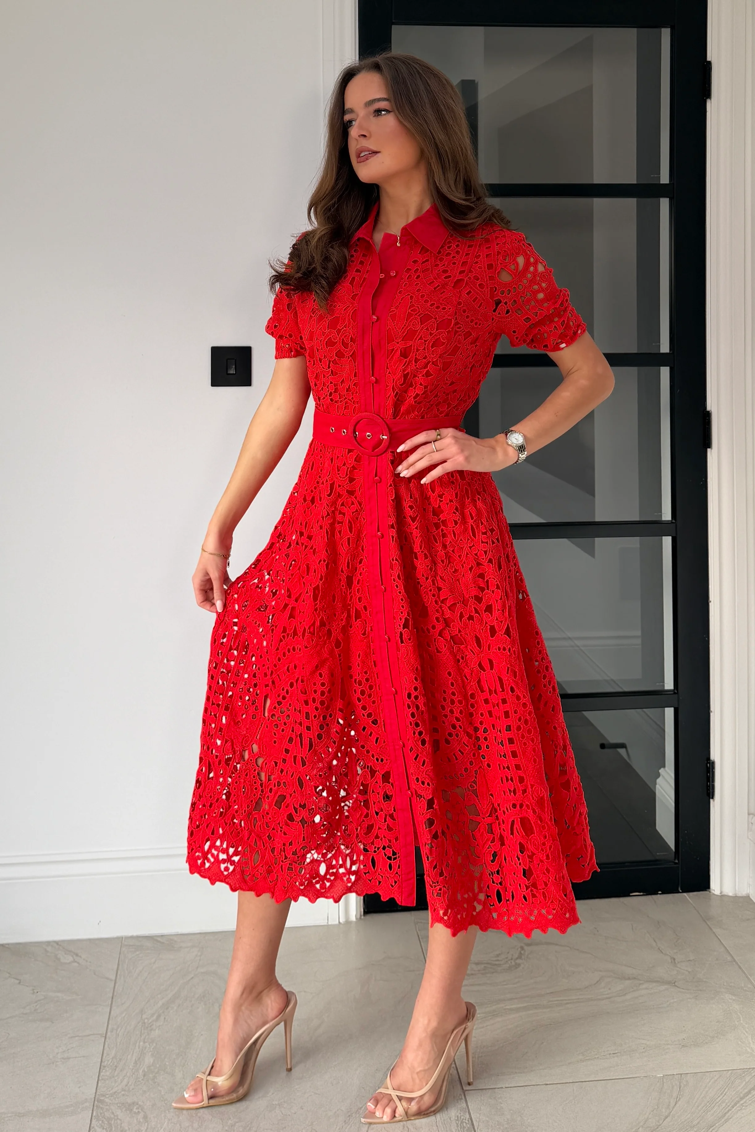 Meadow Short Sleeve Midi Dress Red - Image 5