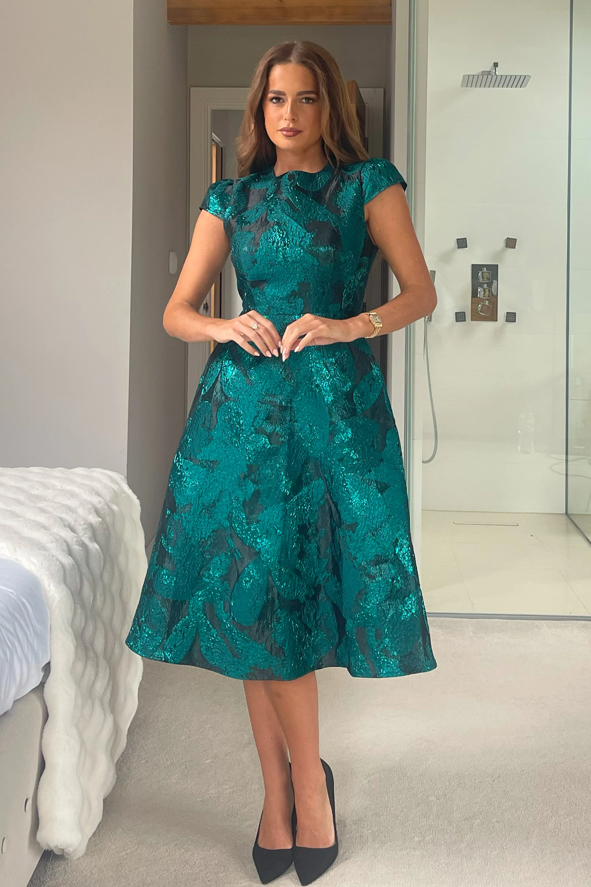 Lara Floral Jacquard High Neck Midi Dress Green - Image 4