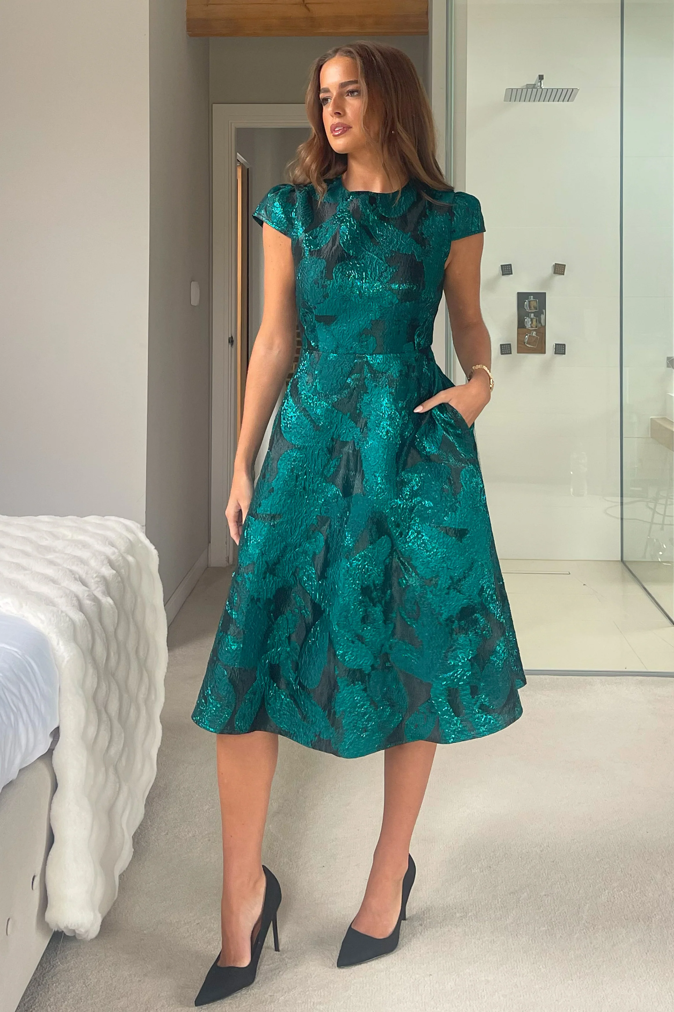 Lara Floral Jacquard High Neck Midi Dress Green - Image 5