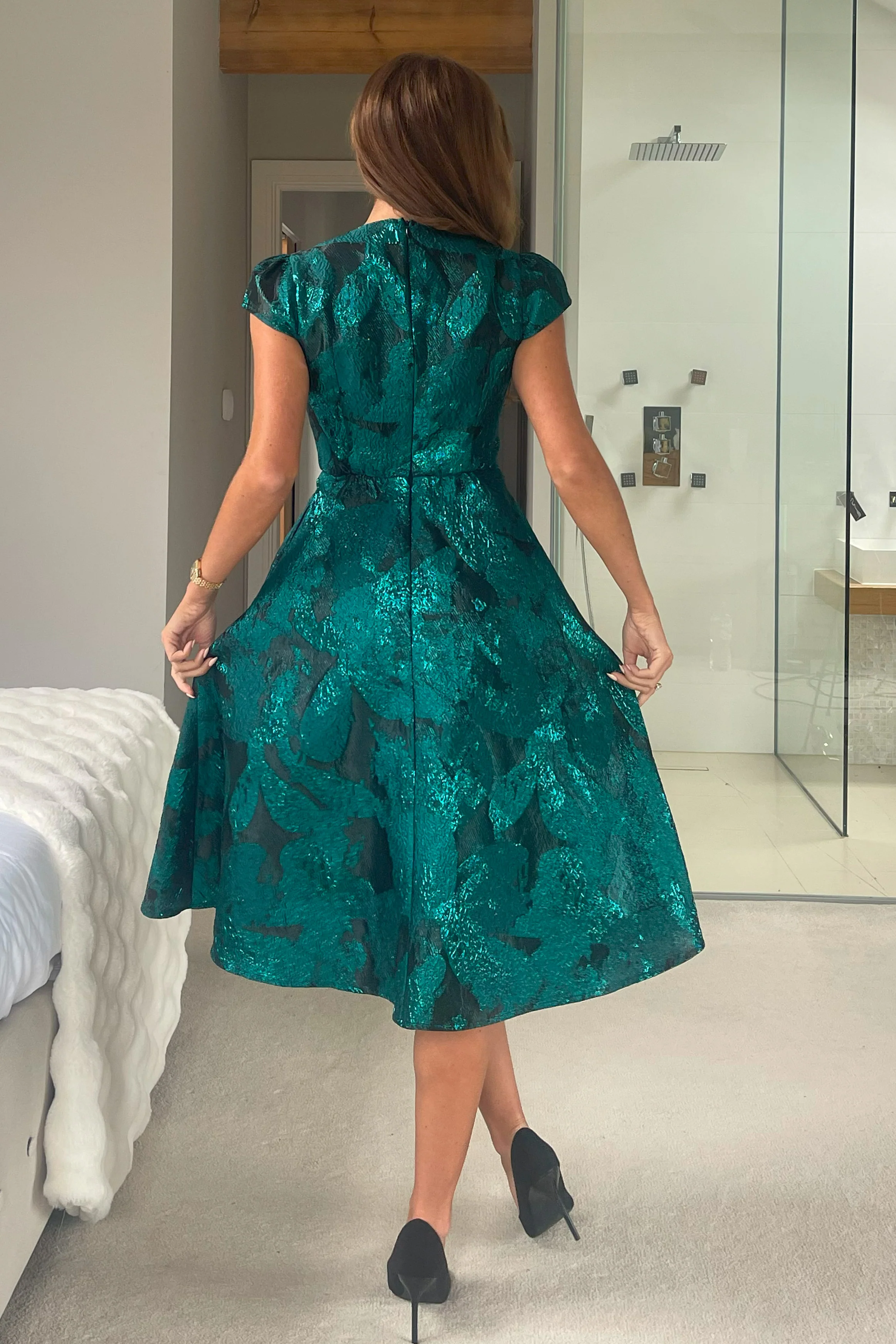 Lara Floral Jacquard High Neck Midi Dress Green - Image 6
