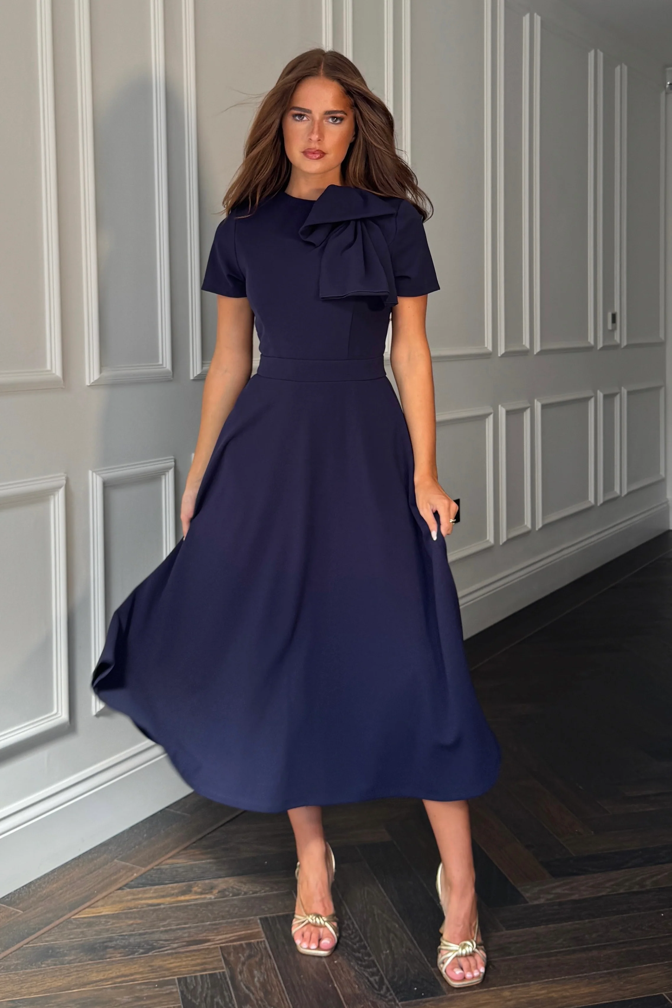 Minta Bow Detail Short Sleeve Midi Dress Navy - Image 3