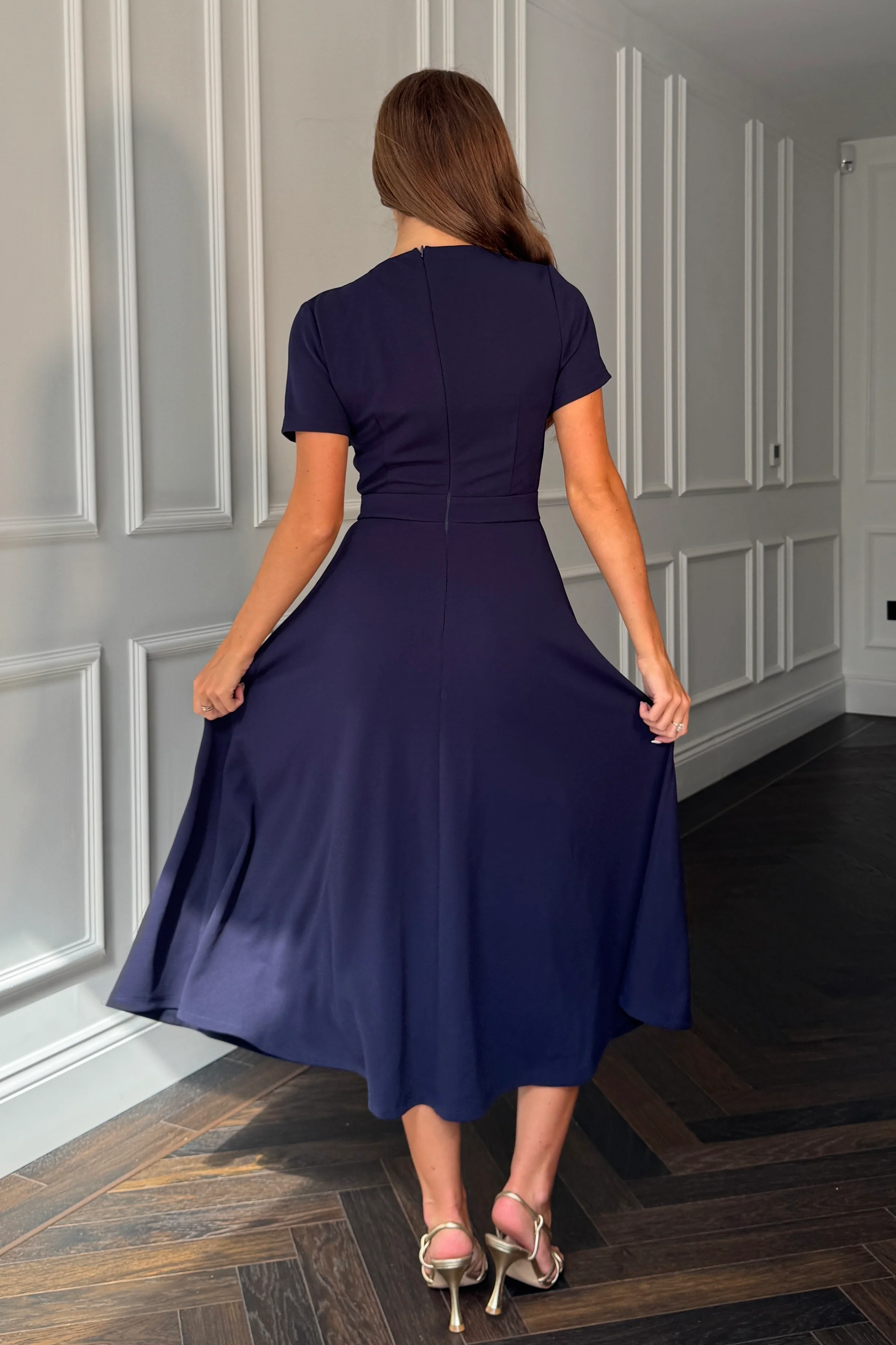 Minta Bow Detail Short Sleeve Midi Dress Navy - Image 5