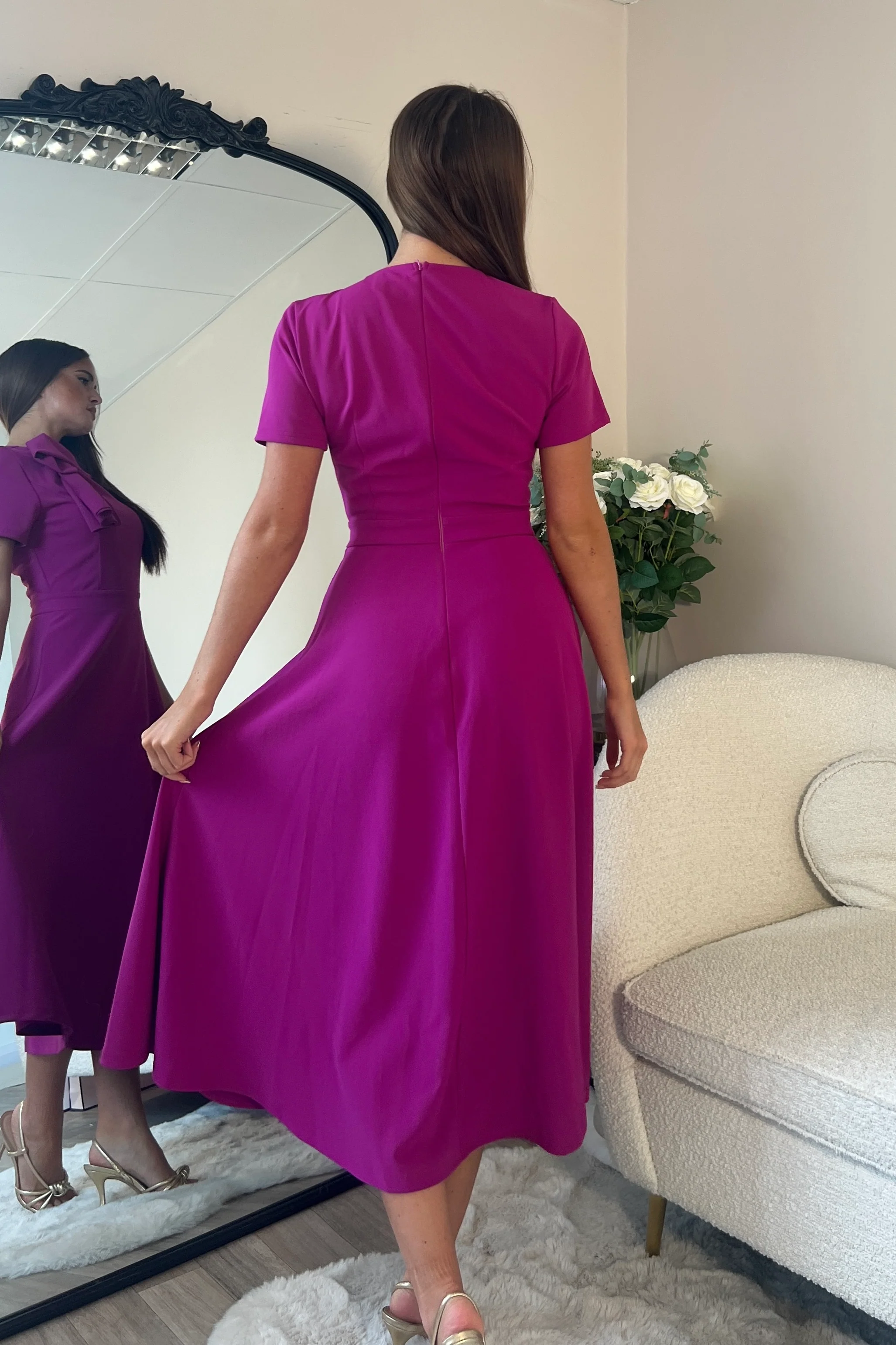 Minta Bow Detail Short Sleeve Midi Dress Orchid - Image 4