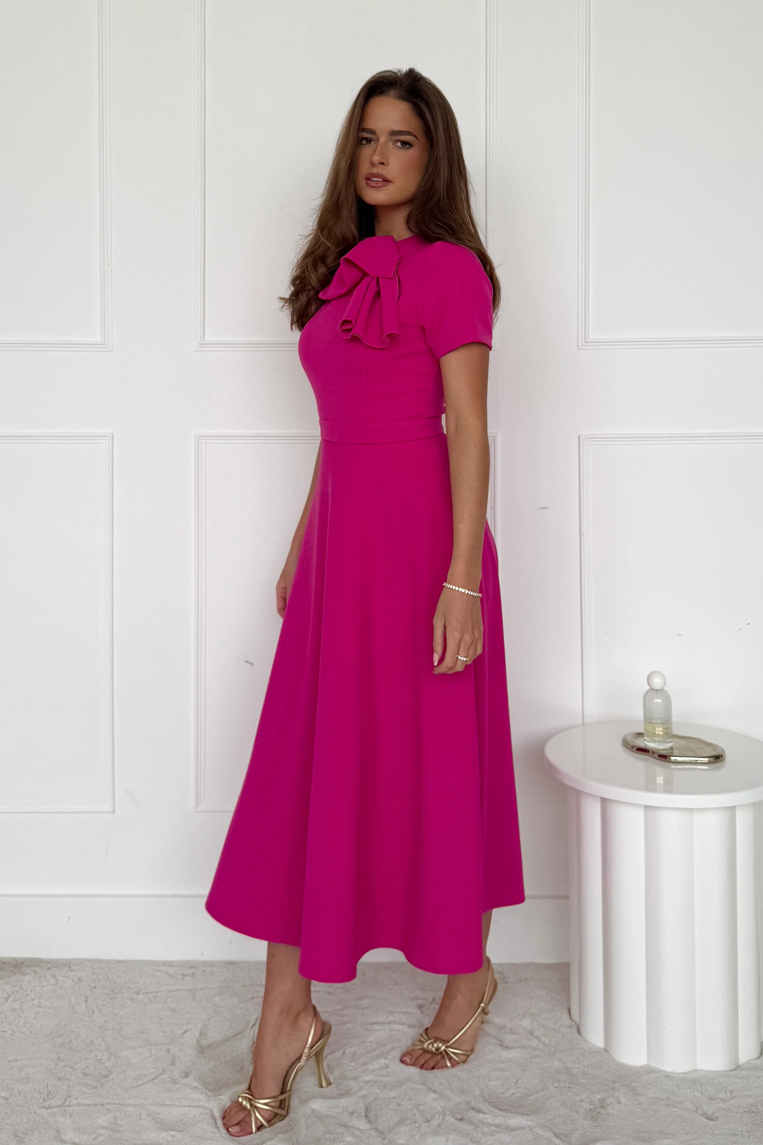 Minta Bow Detail Short Sleeve Midi Dress Pink - Image 3