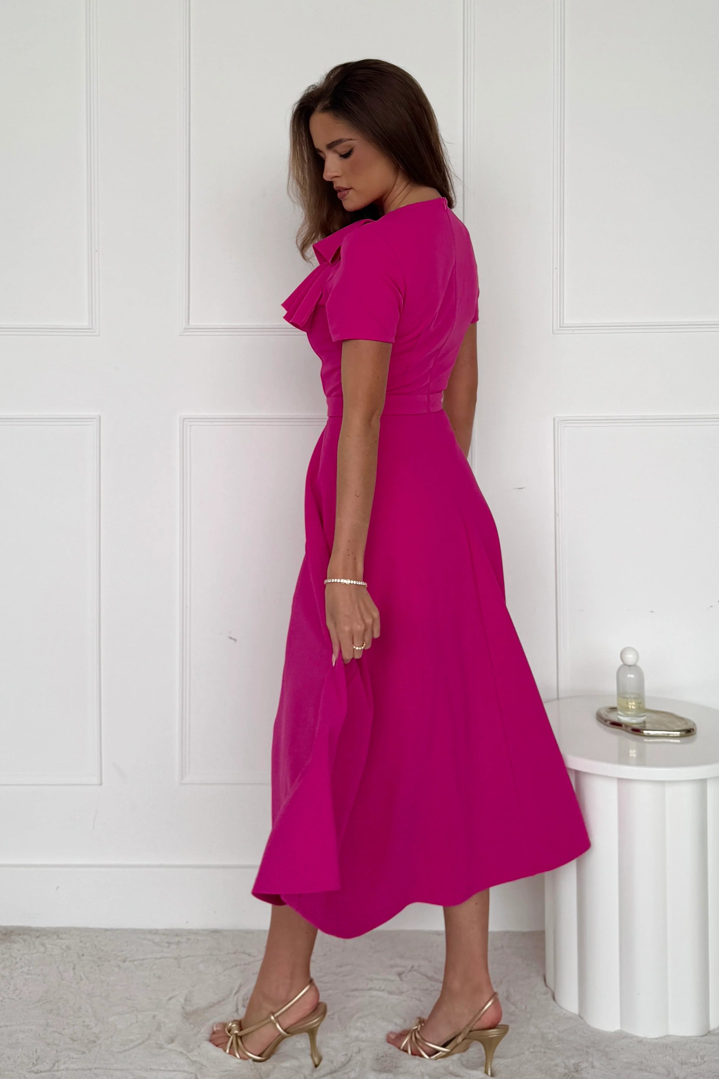Minta Bow Detail Short Sleeve Midi Dress Pink - Image 5