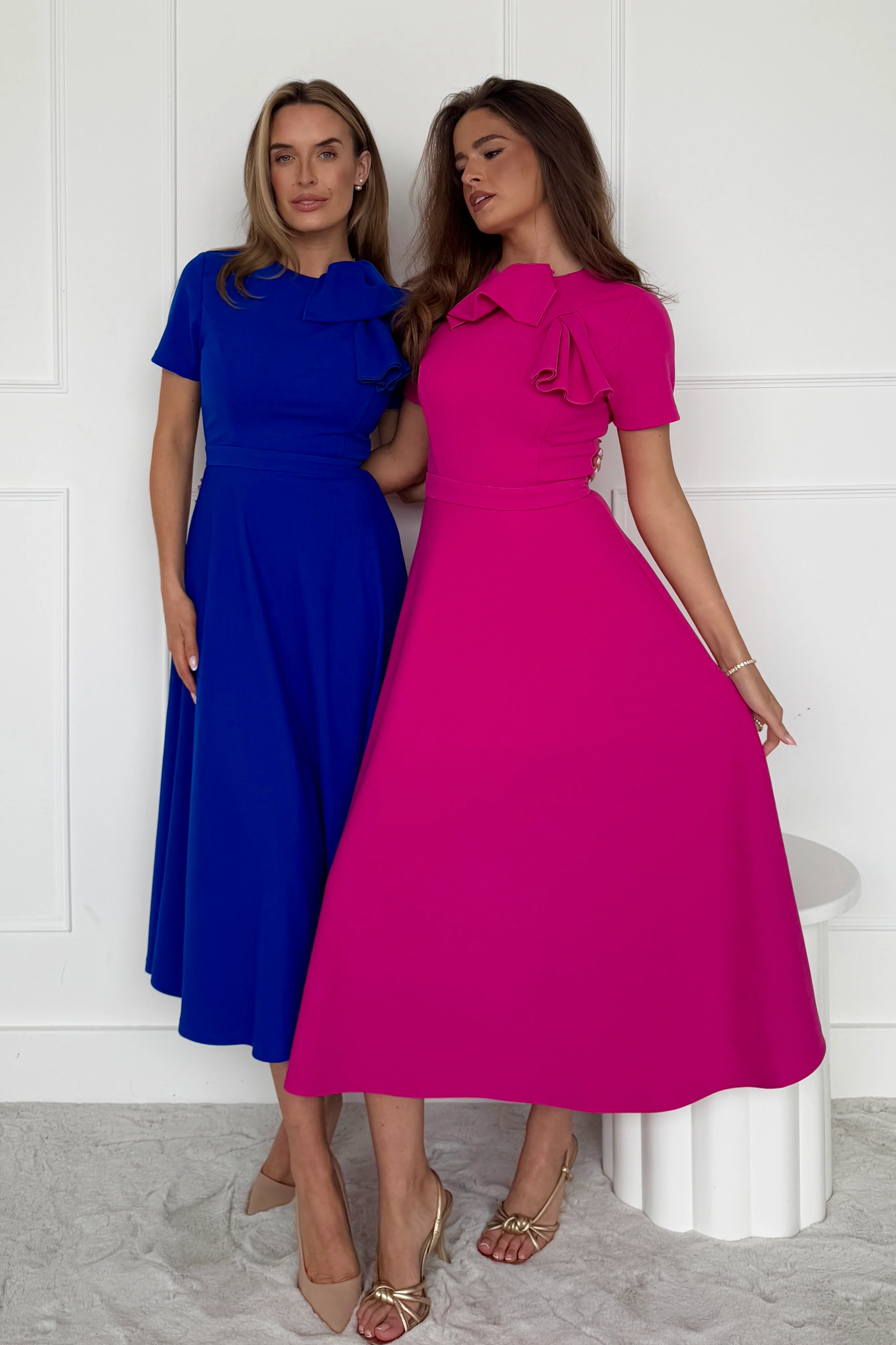 Minta Bow Detail Short Sleeve Midi Dress Pink - Image 6