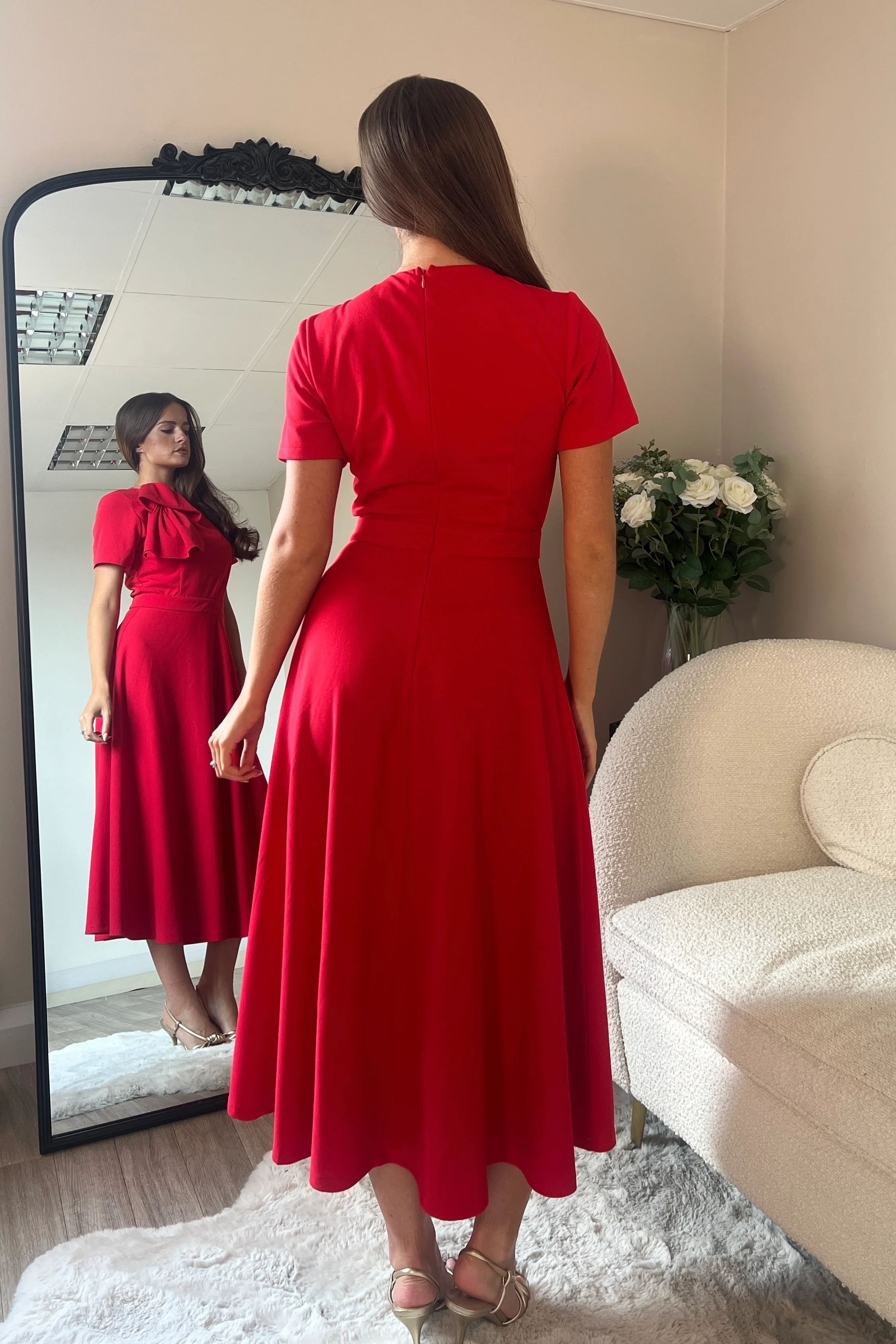 Minta Bow Detail Short Sleeve Midi Dress Red - Image 6